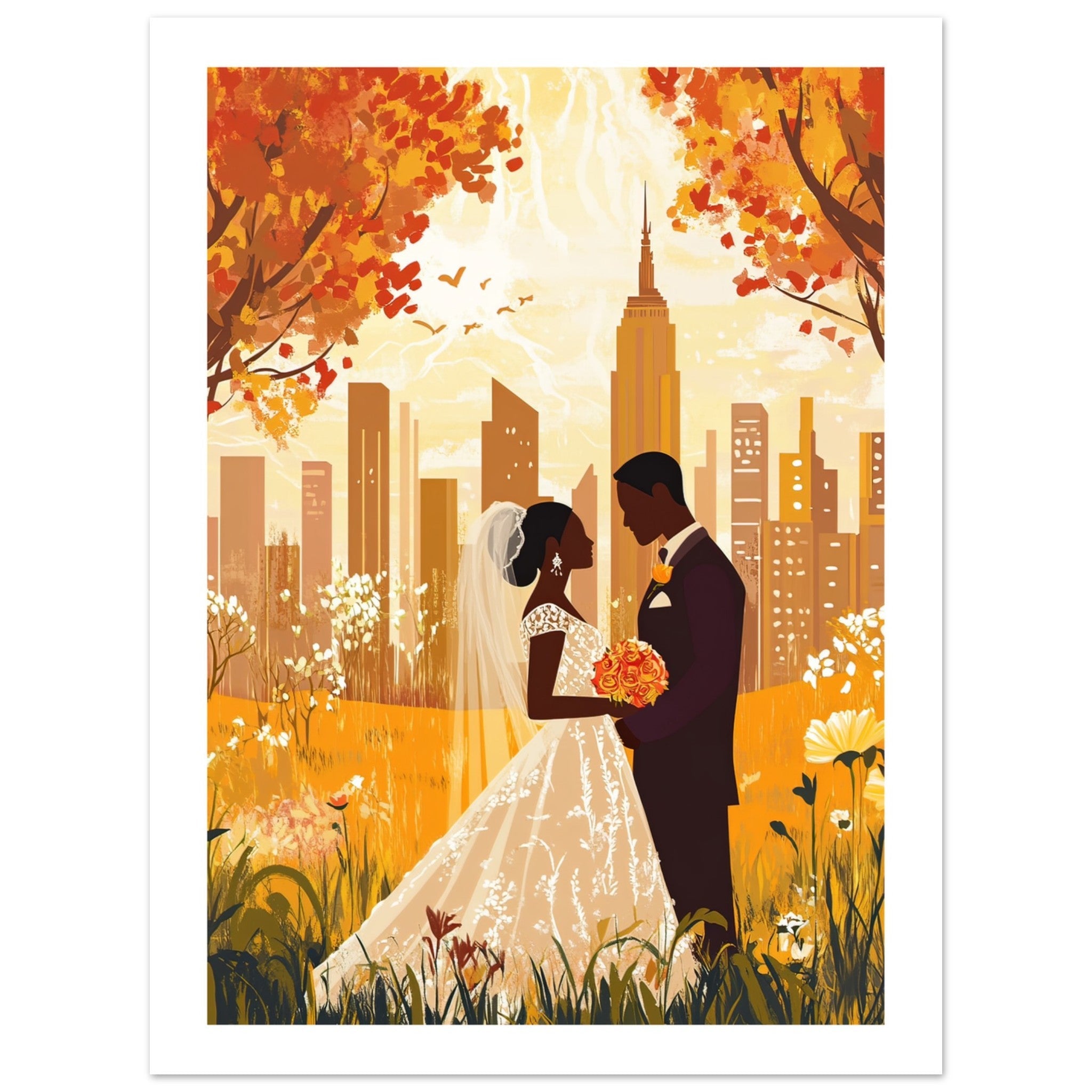 A mixed wedding couple infront of New York
