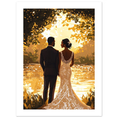 A black wedding couple infront of a lake