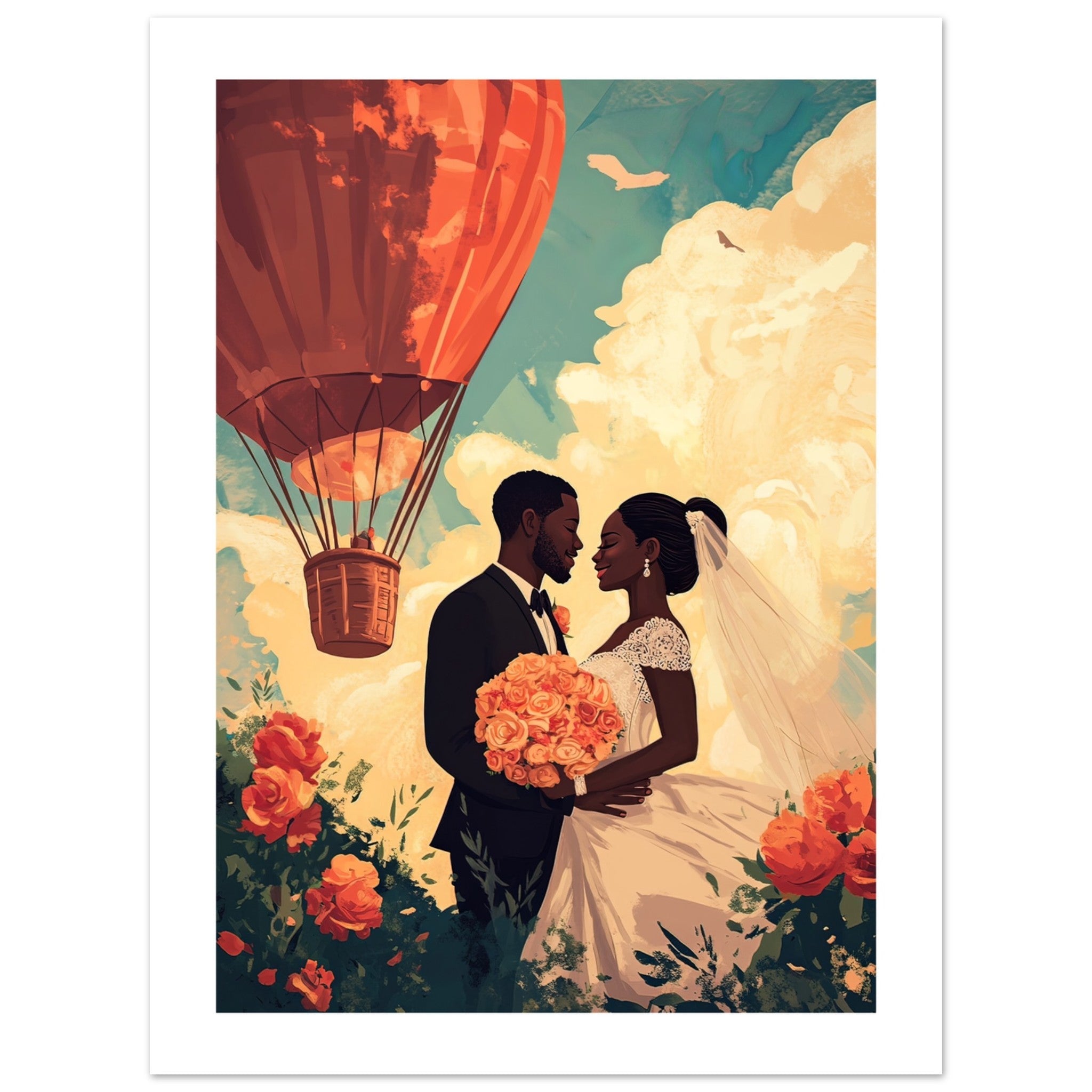 A black wedding couple infront of a hot ballon