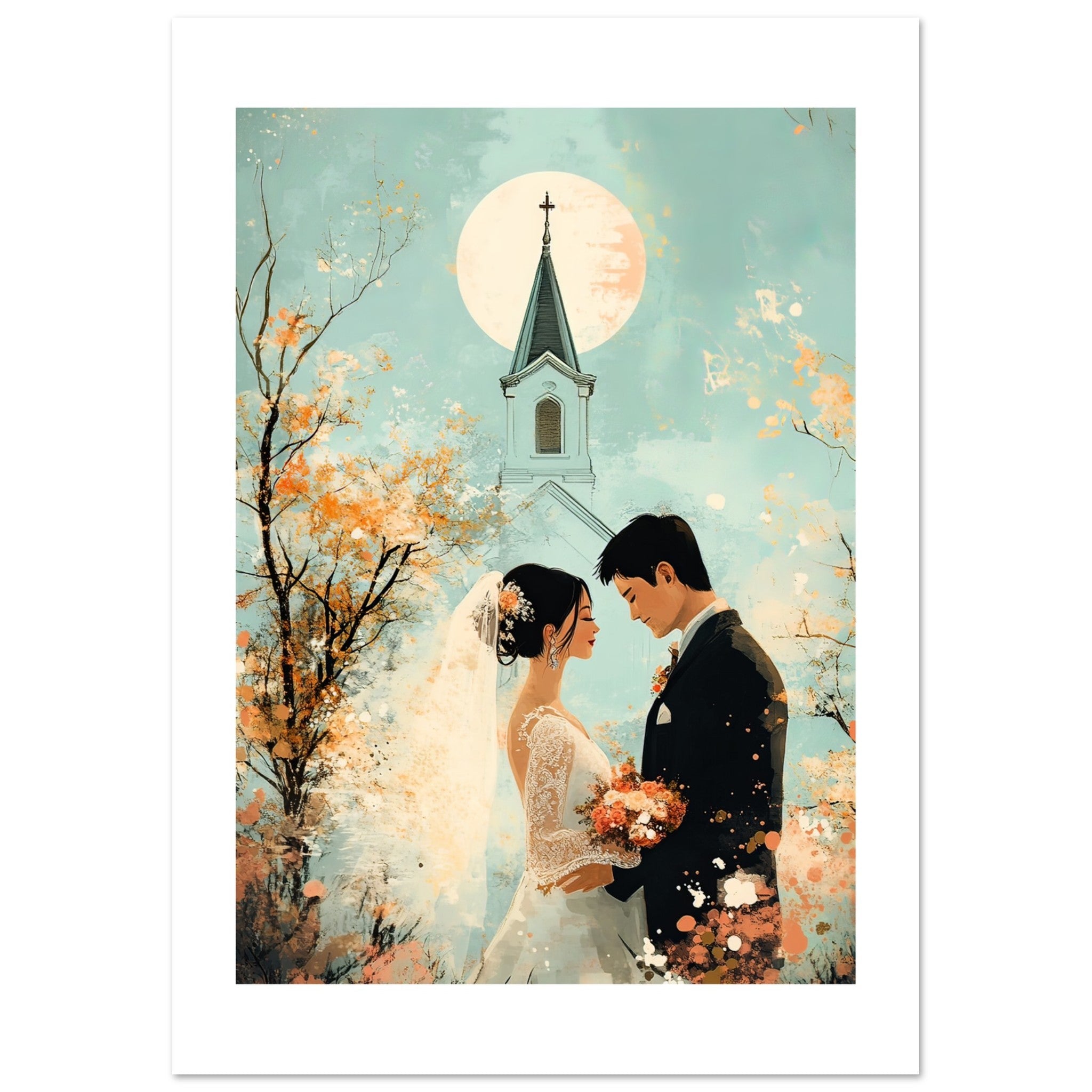An asian wedding couple infront of a church