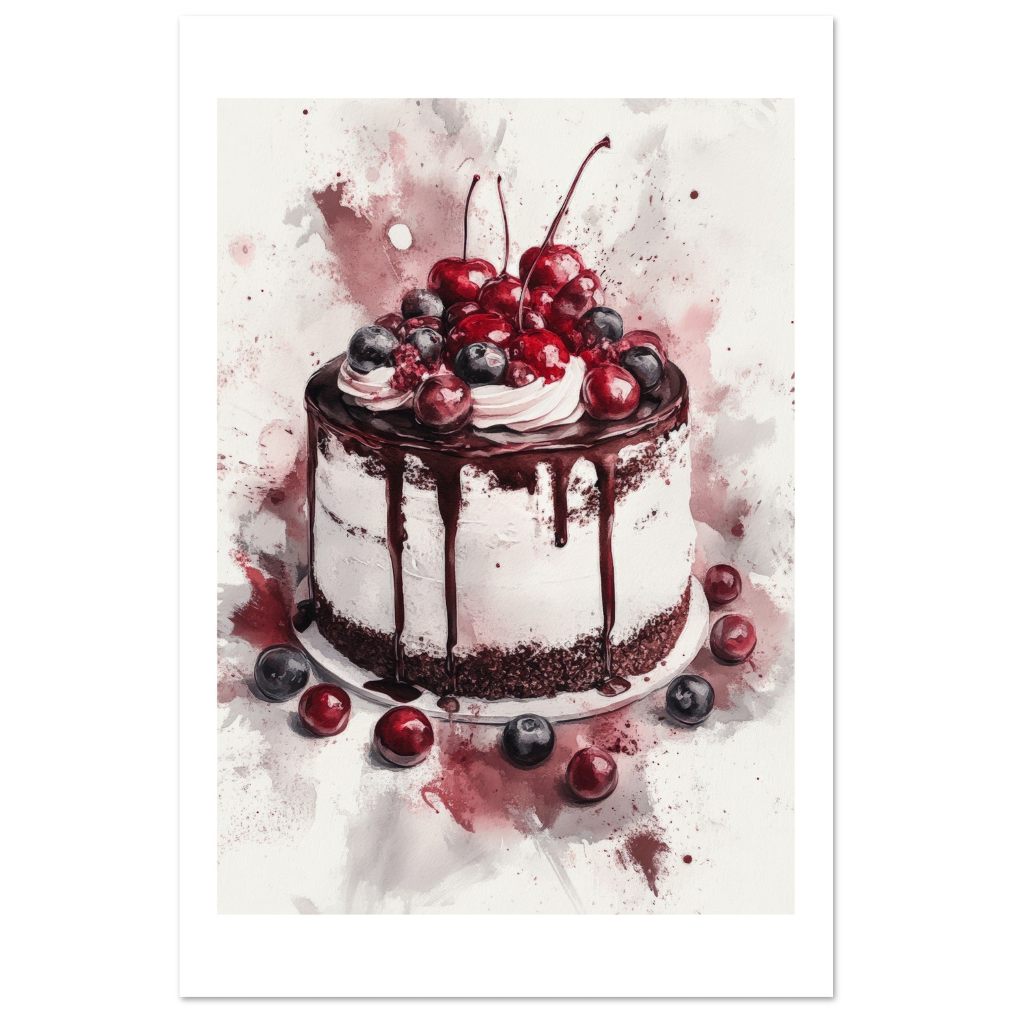 Black Forest Cake Watercolor Painting Wall Art