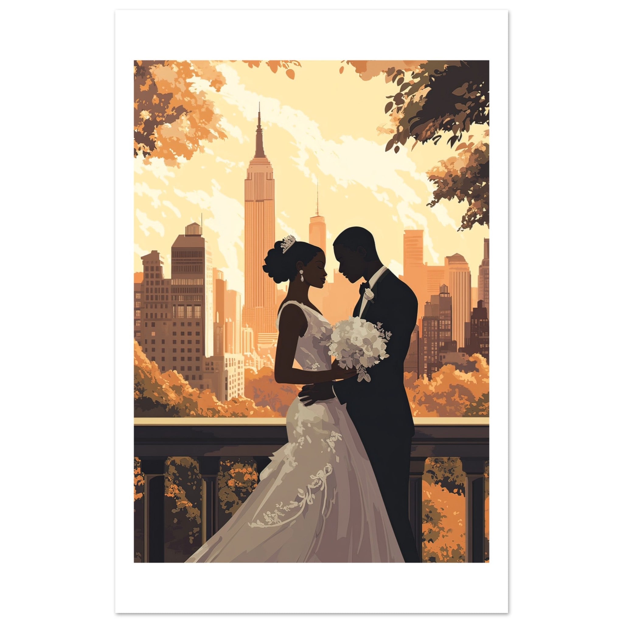 A black wedding couple infront of New York
