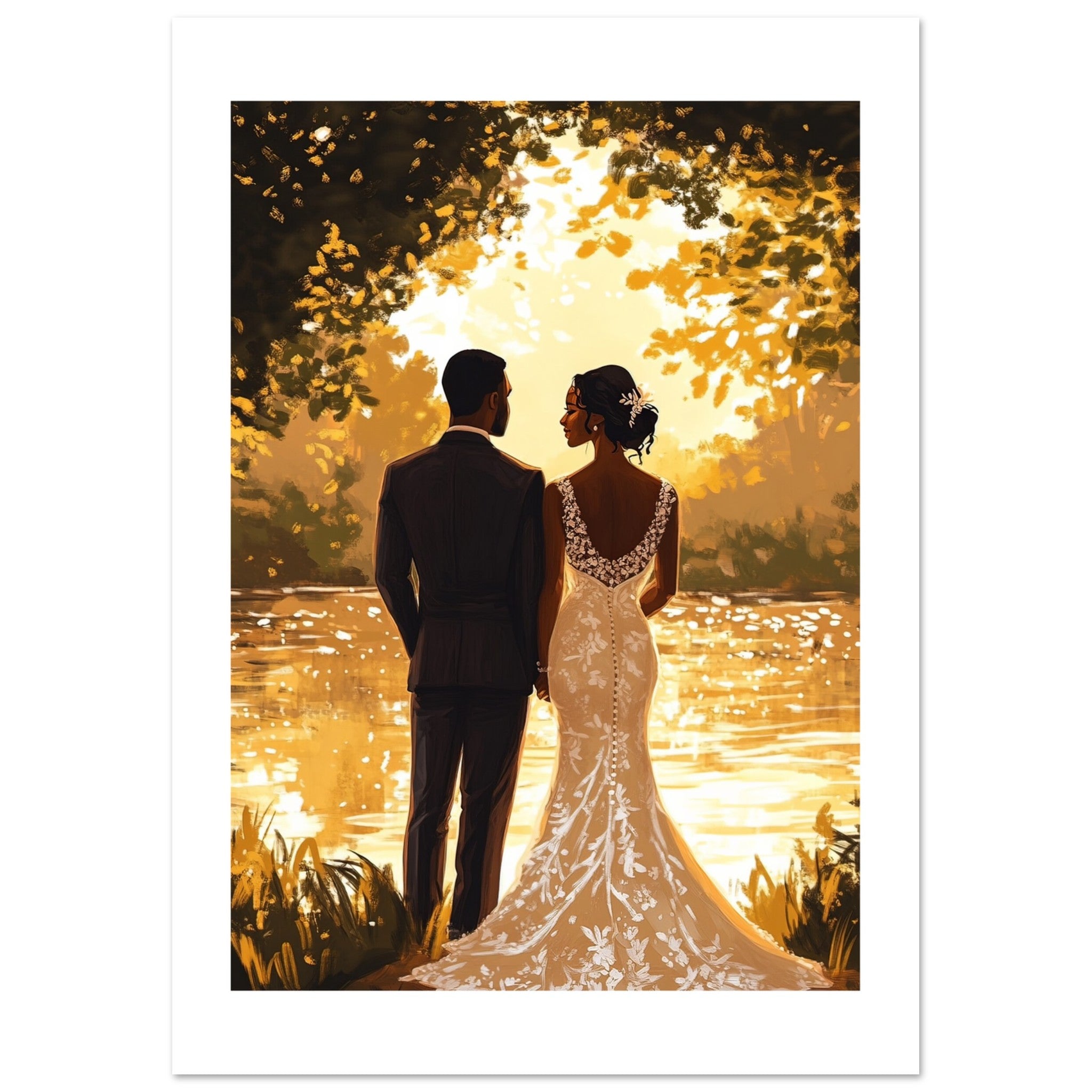 A black wedding couple infront of a lake