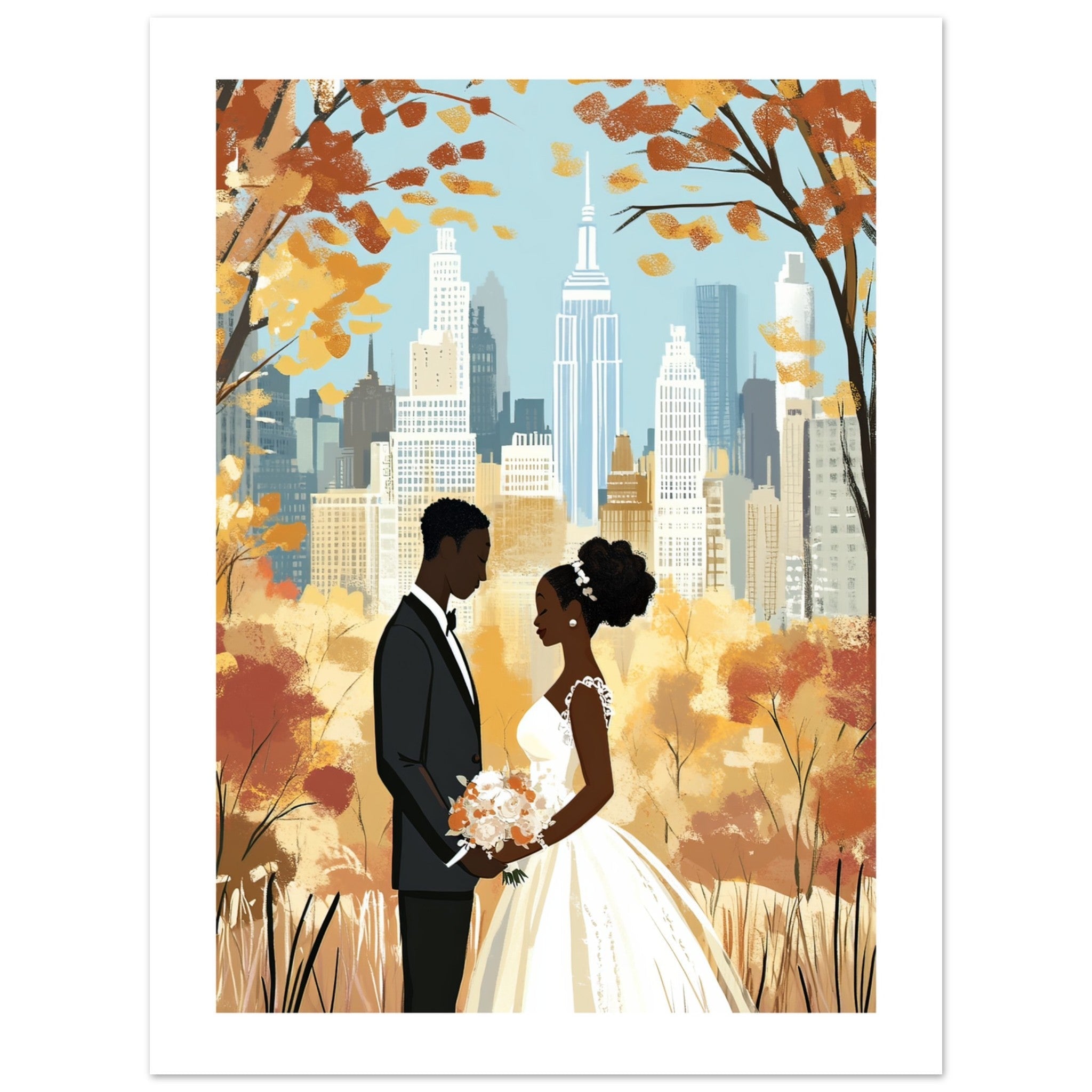 A black wedding couple infront of New York 1