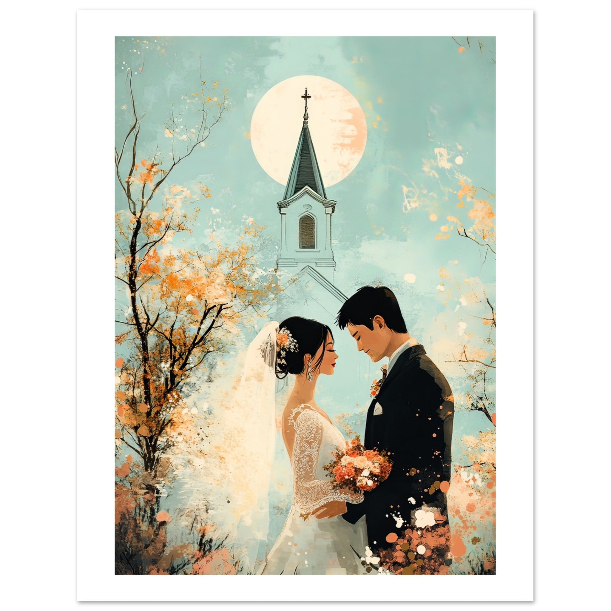 An asian wedding couple infront of a church