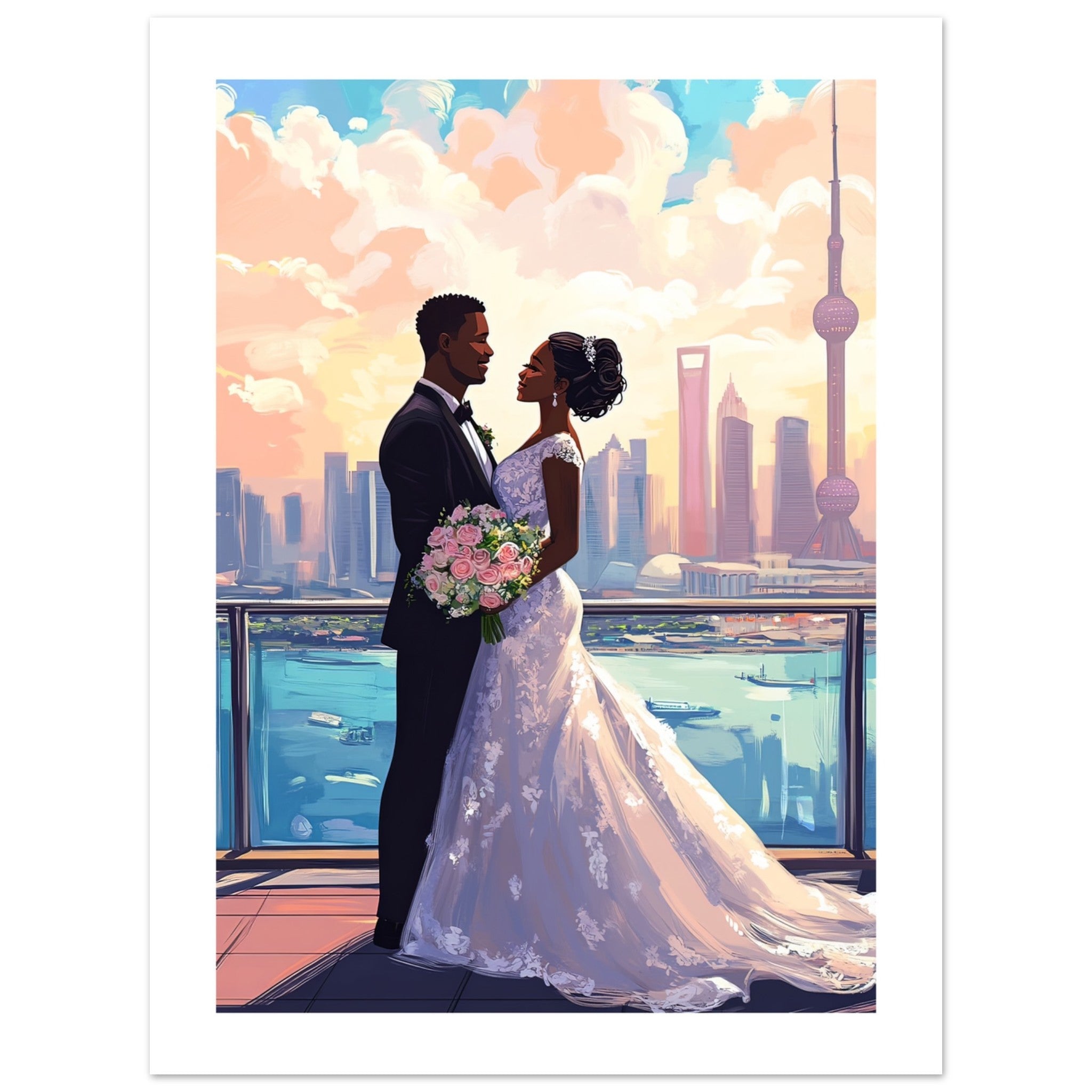 A black wedding couple infront of Shanghai