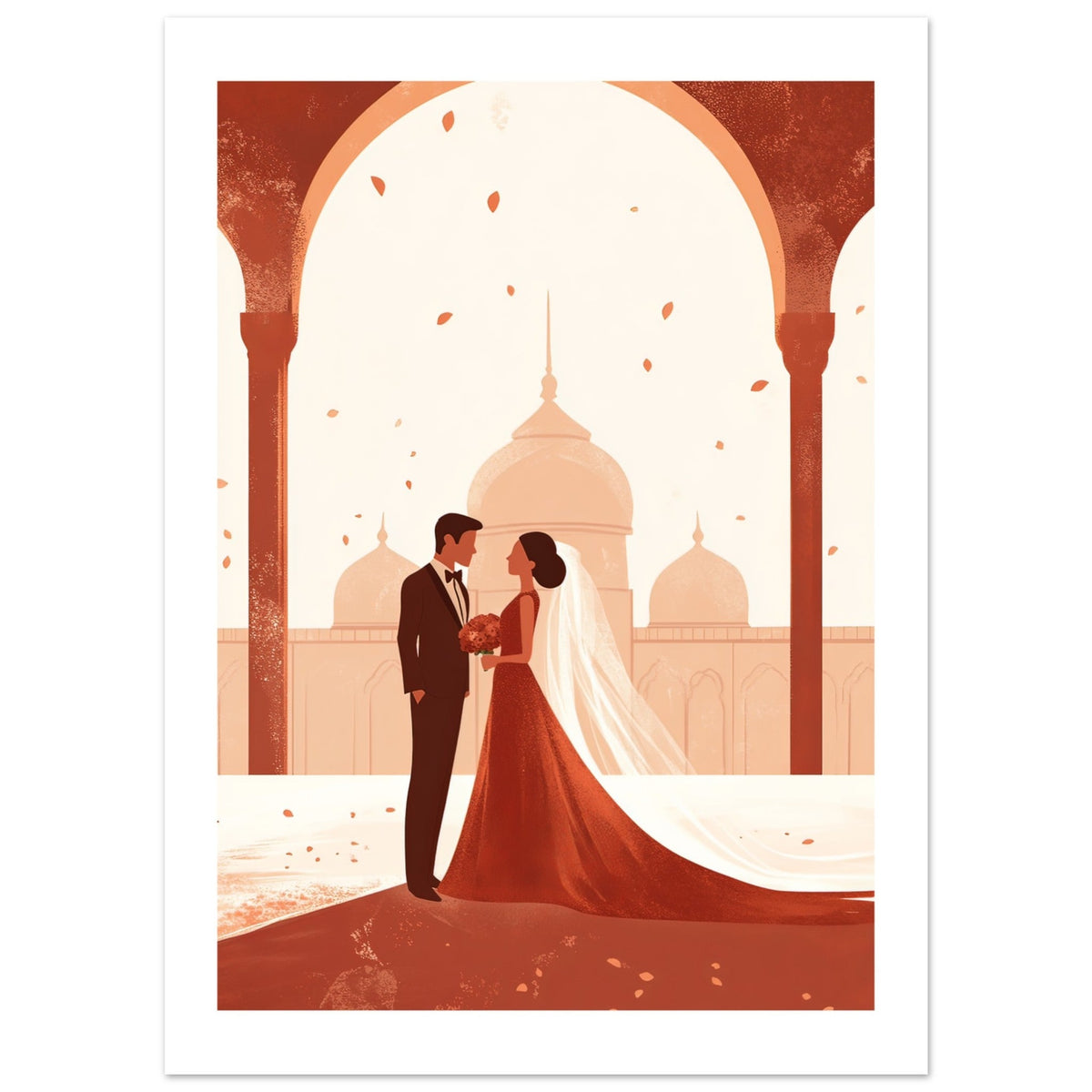 An asian wedding couple infront of a mosque