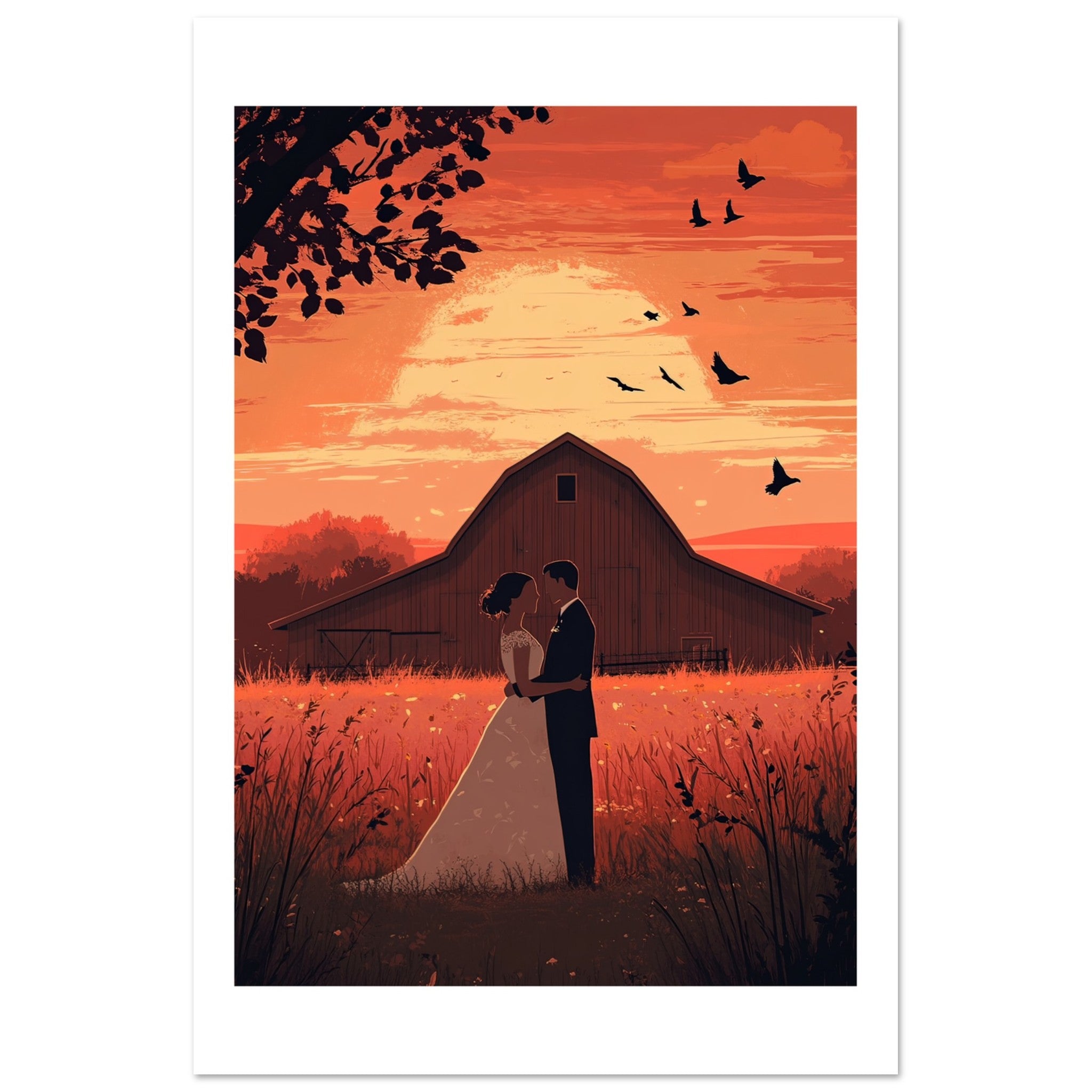 A wedding couple infront of a barn of a farm
