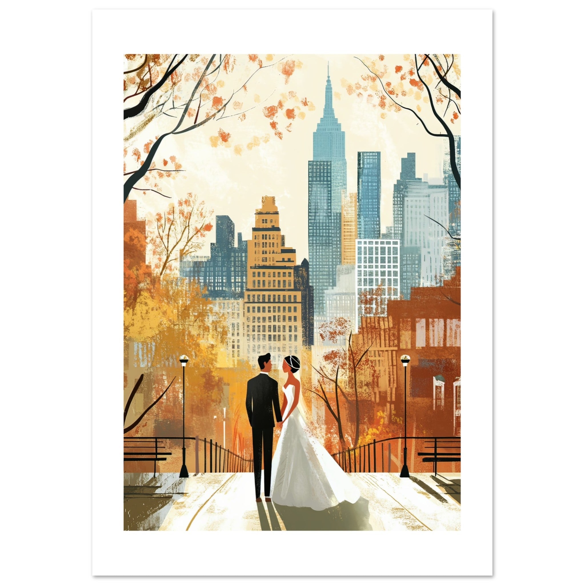 A mixed wedding couple infront of New York 1