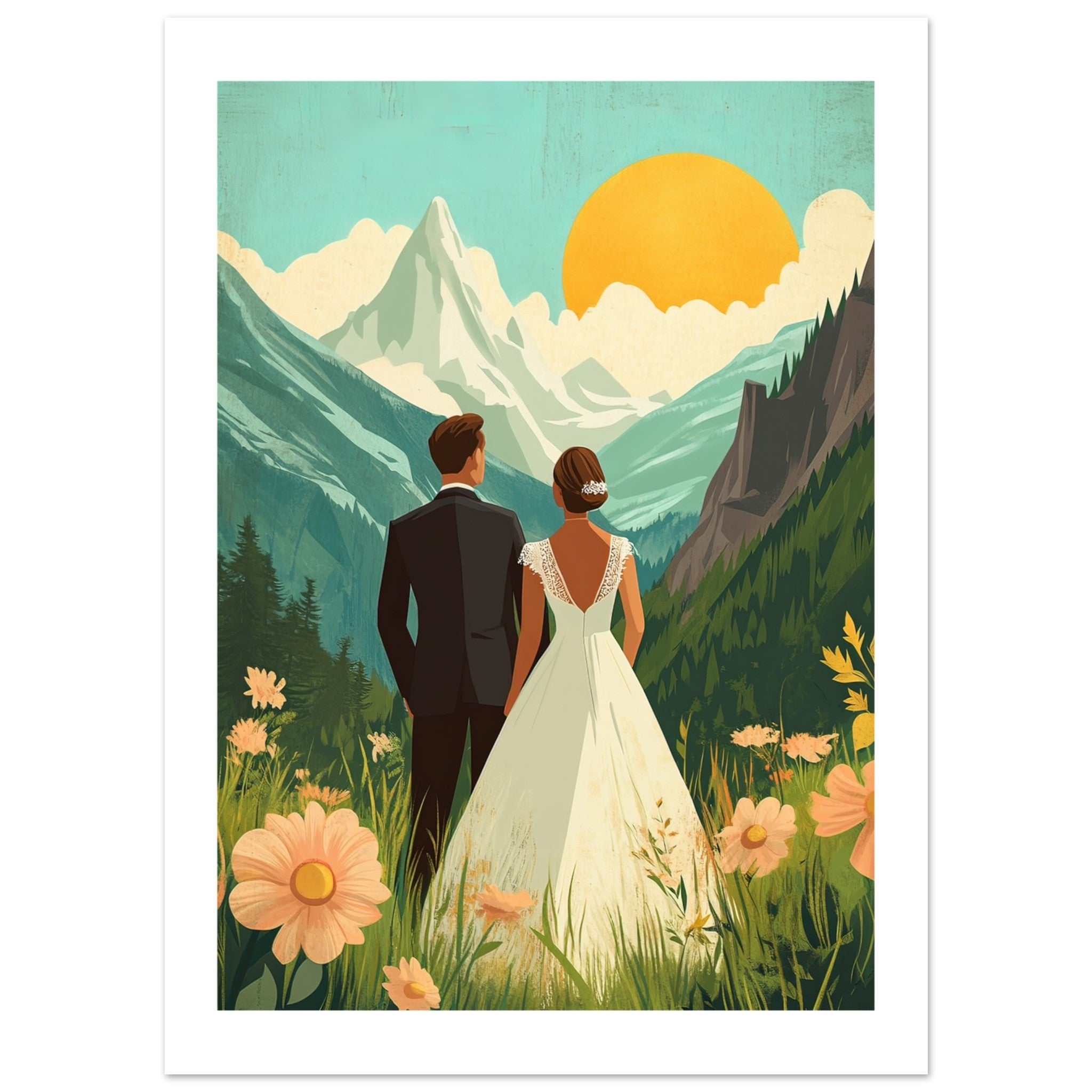 A mixed wedding couple infront of mountains