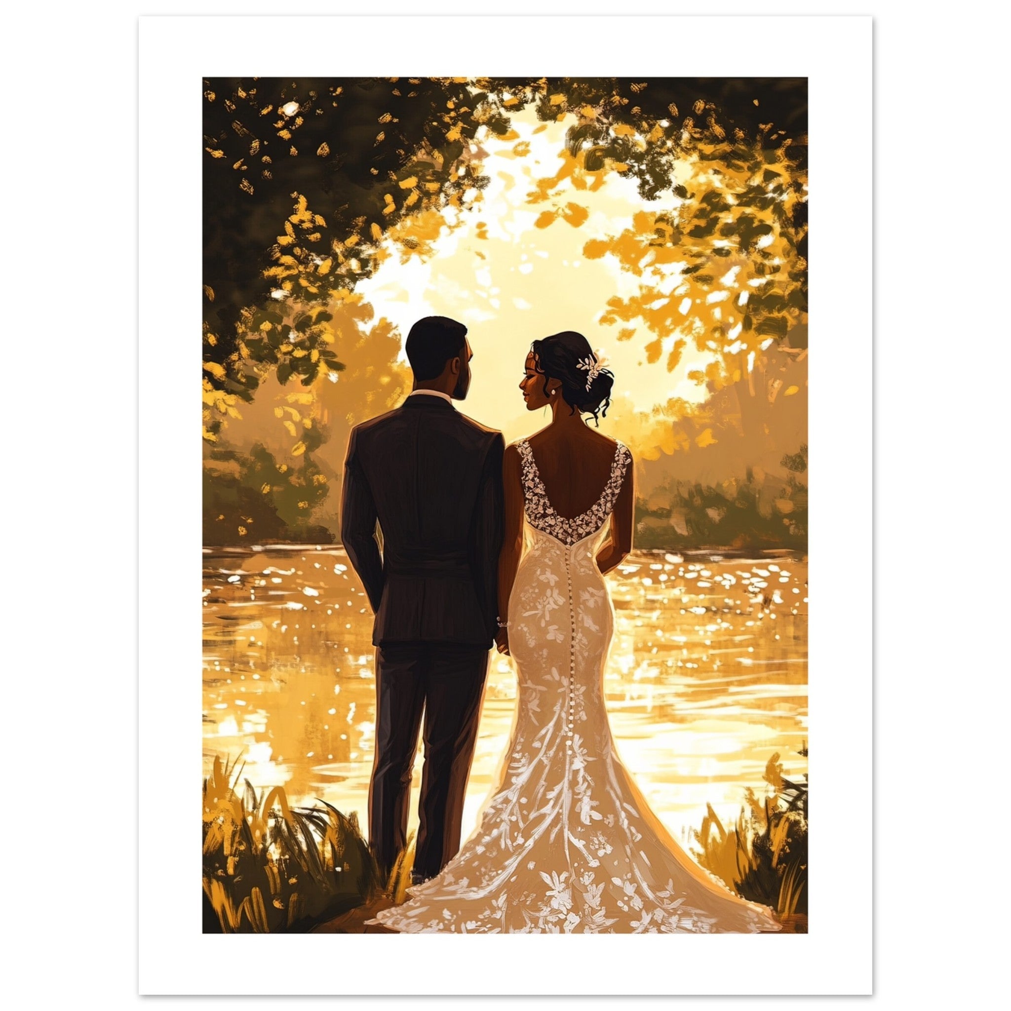 A black wedding couple infront of a lake
