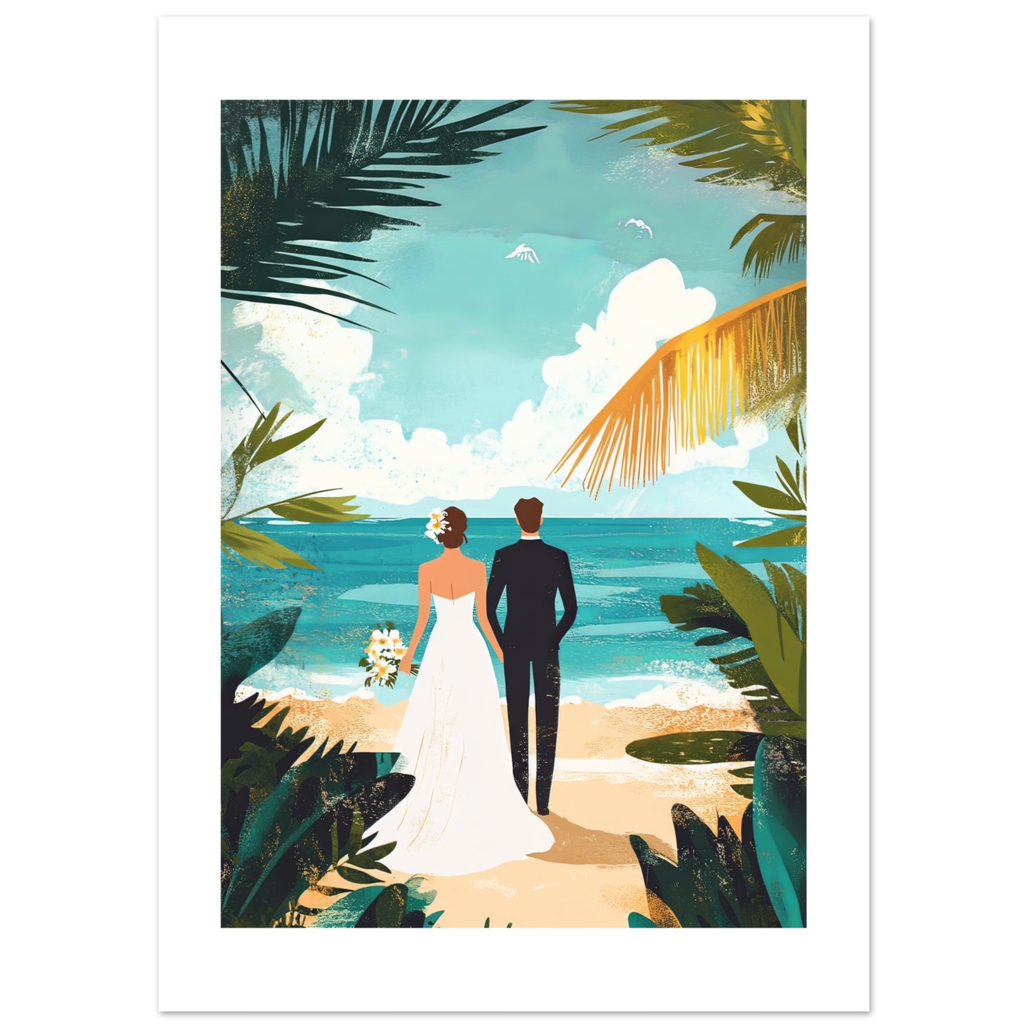 A wedding couple infront of a beach
