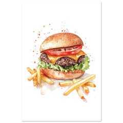 Beef Burgers With Fries Watercolor Painting Wall Art