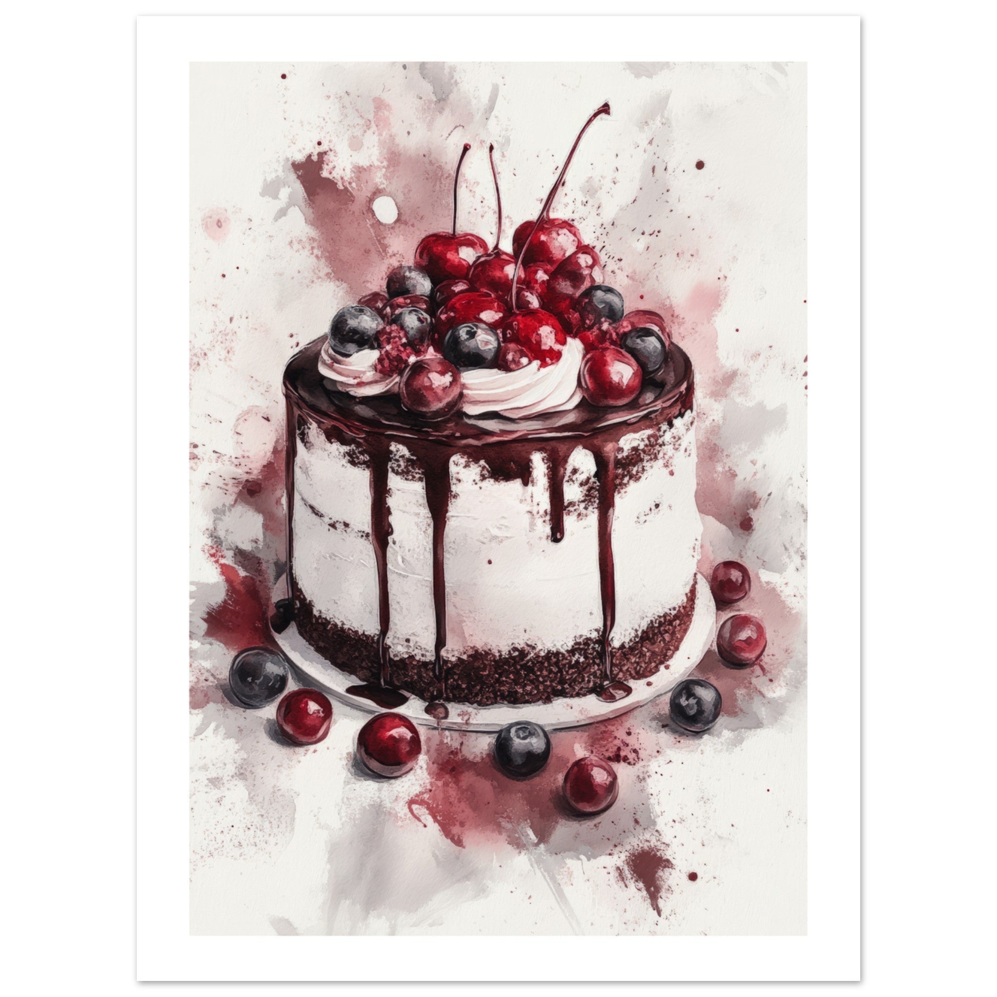 Black Forest Cake Watercolor Painting Wall Art