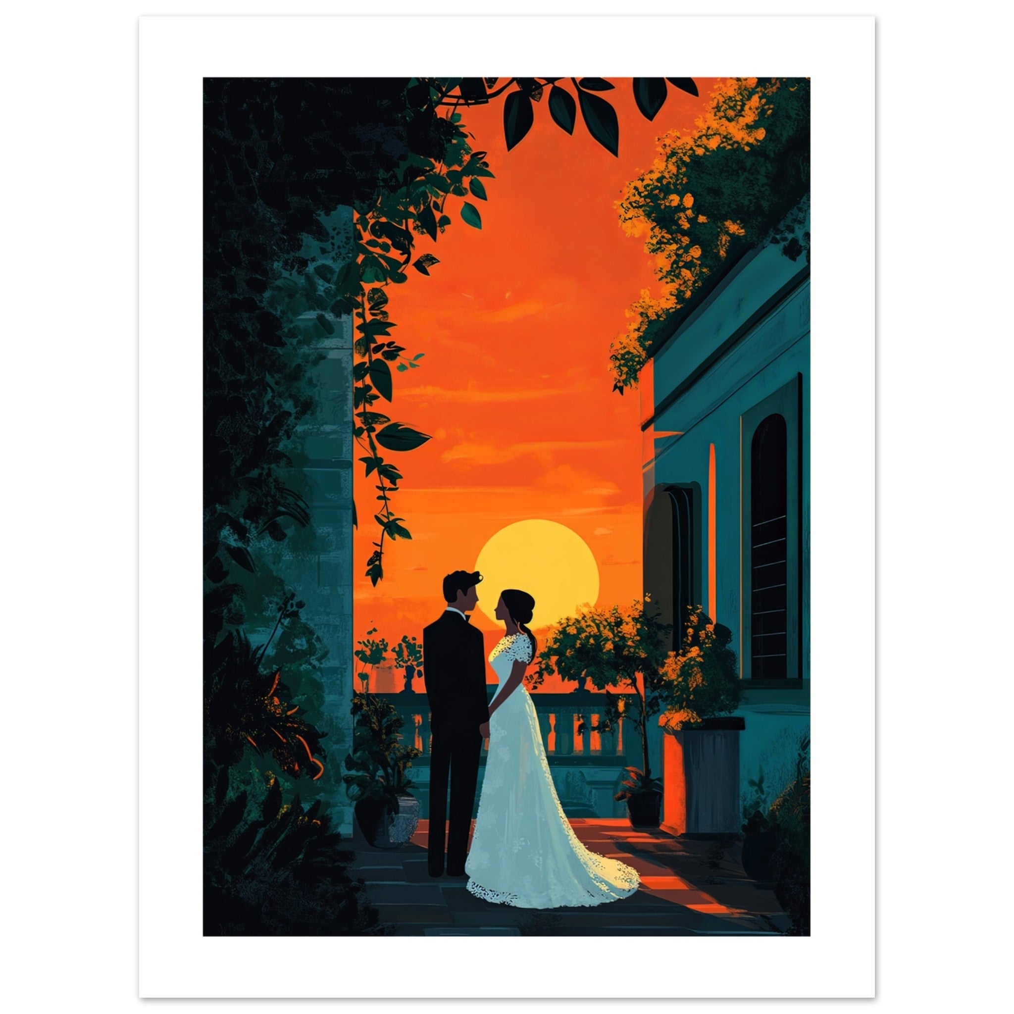 A wedding couple infront of a museum