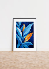 A painting of a plant with big leafs in blue 3