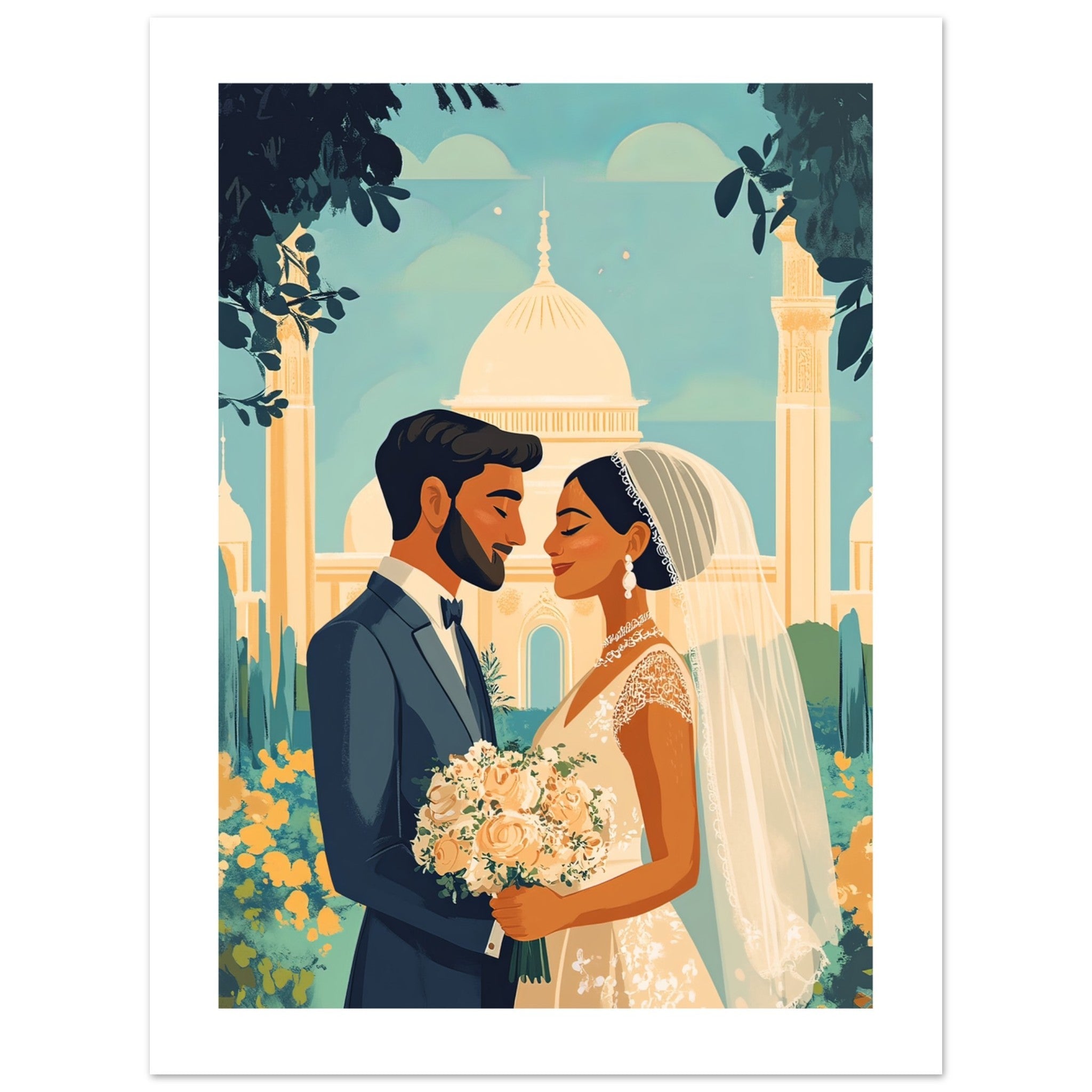 A mixed wedding couple infront of a mosque 1