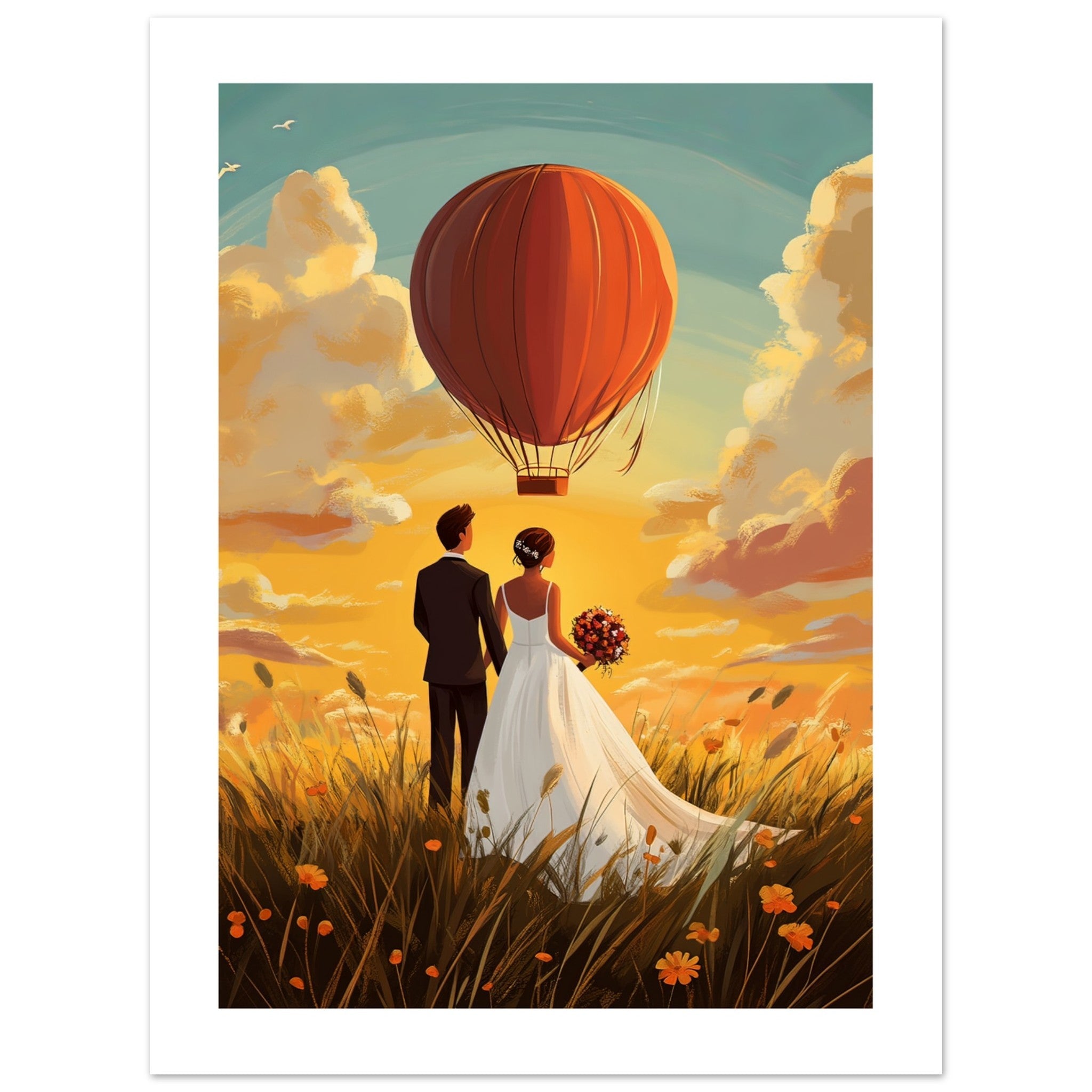 A wedding couple infront of a hot ballon