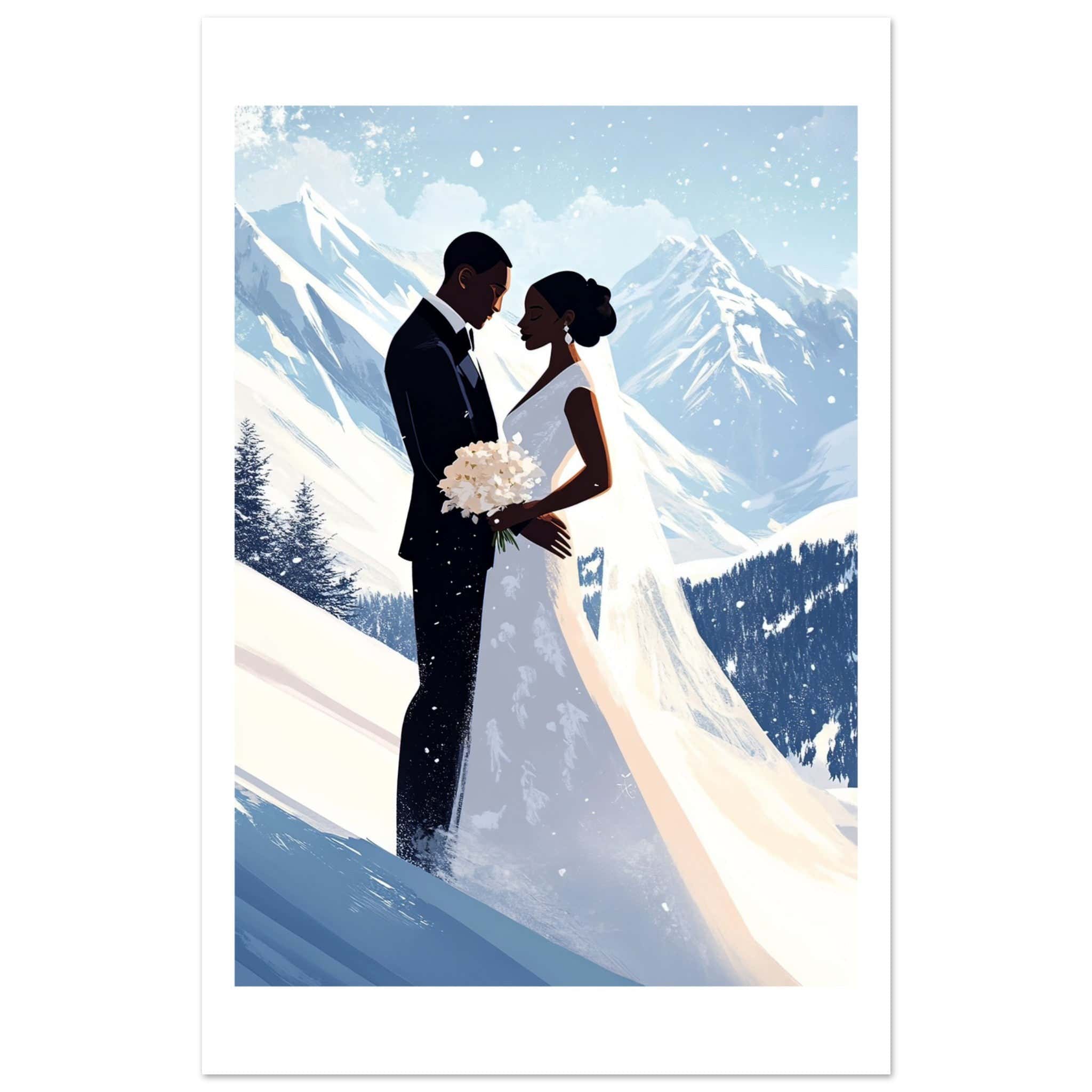 A black wedding couple infront of on the skislope