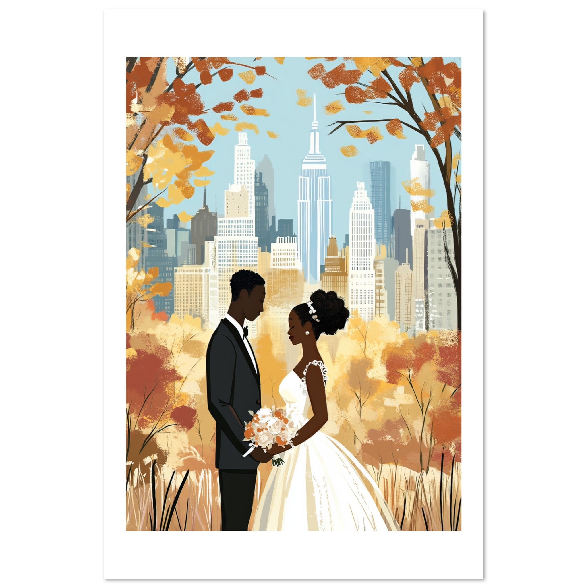 A black wedding couple infront of New York 1