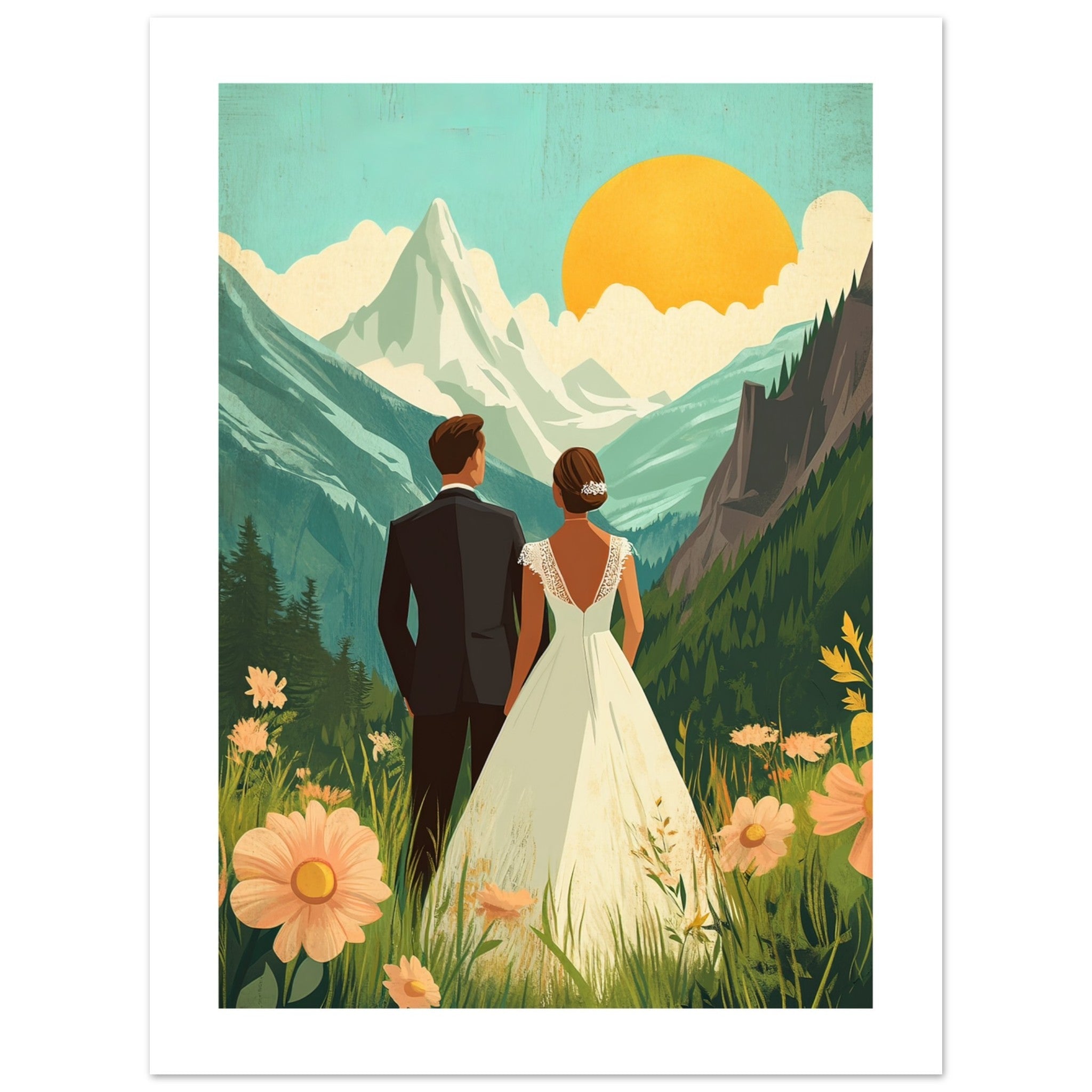 A mixed wedding couple infront of mountains