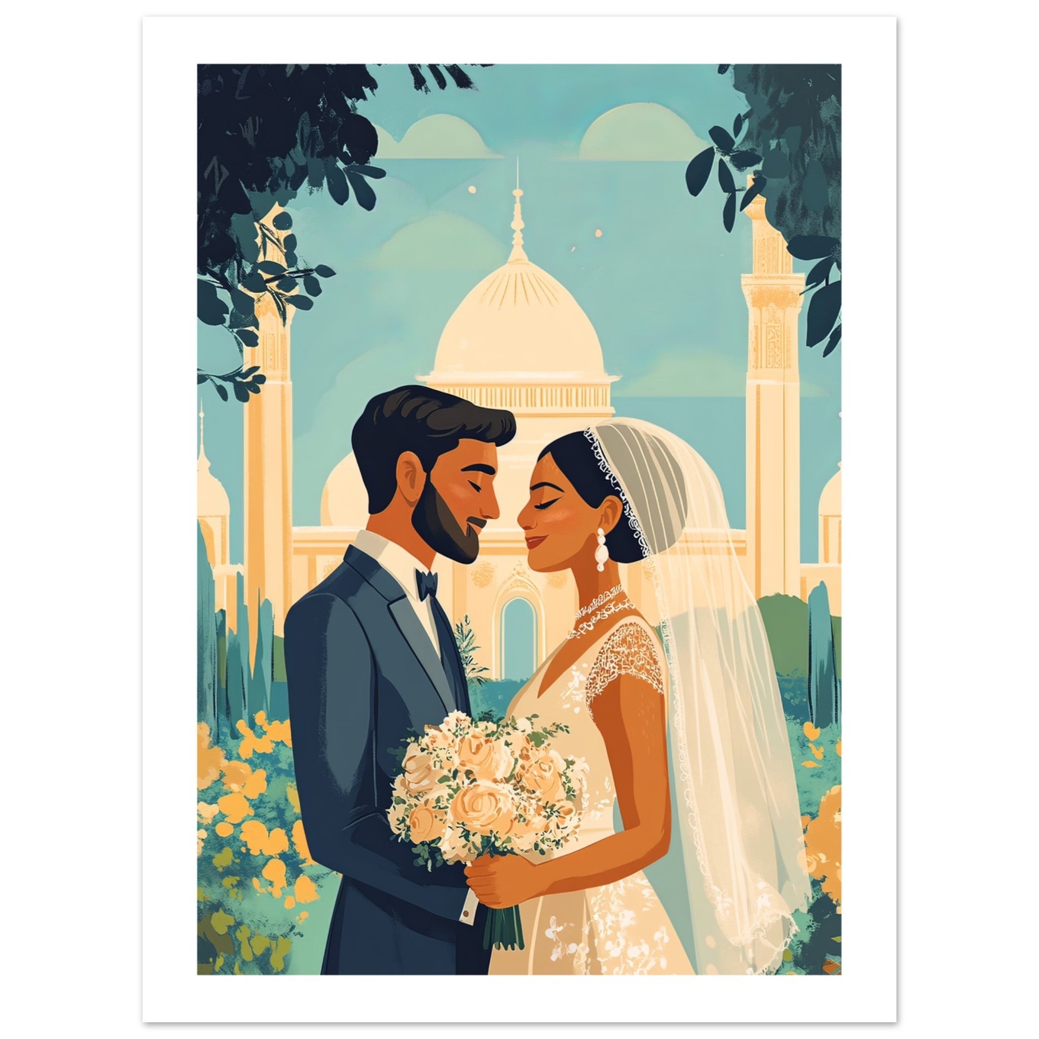 A mixed wedding couple infront of a mosque 1