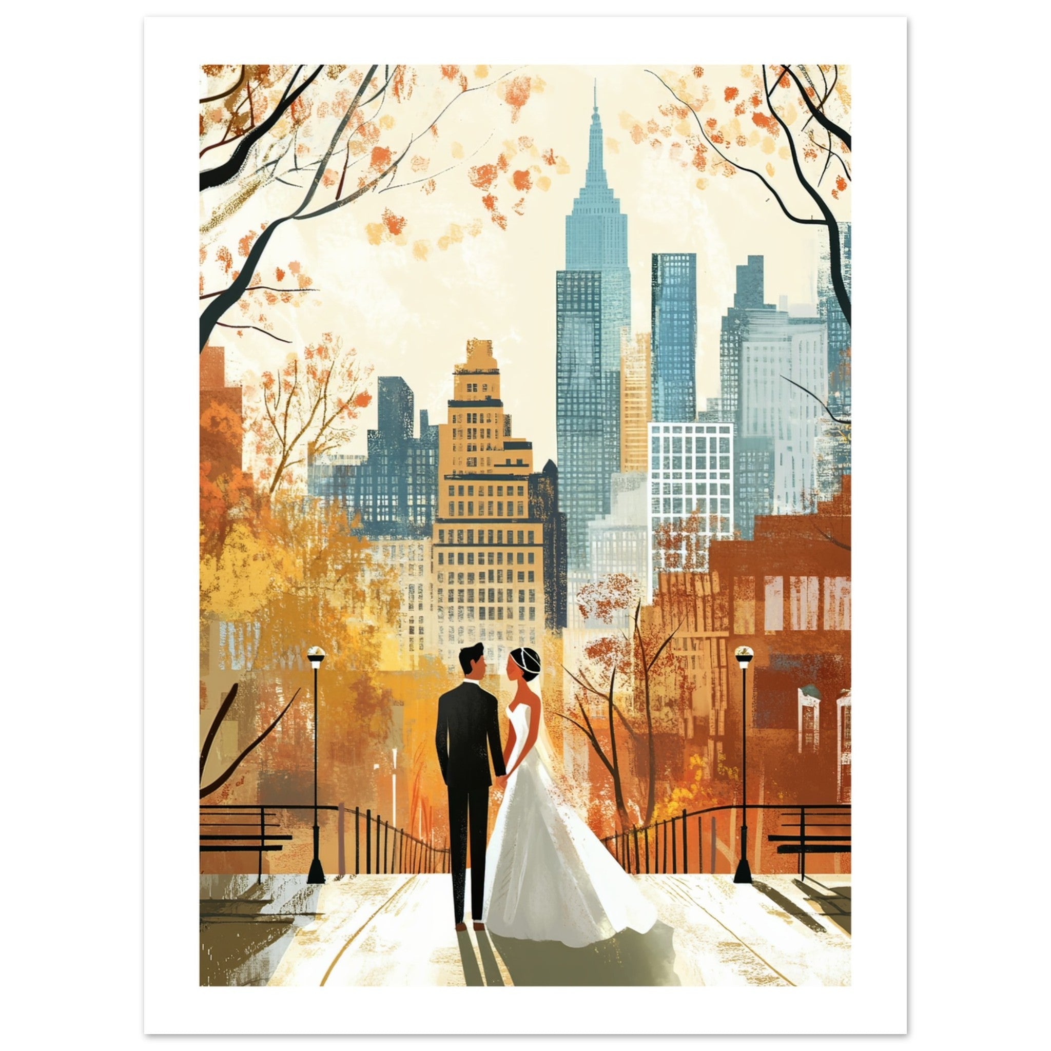A mixed wedding couple infront of New York 1