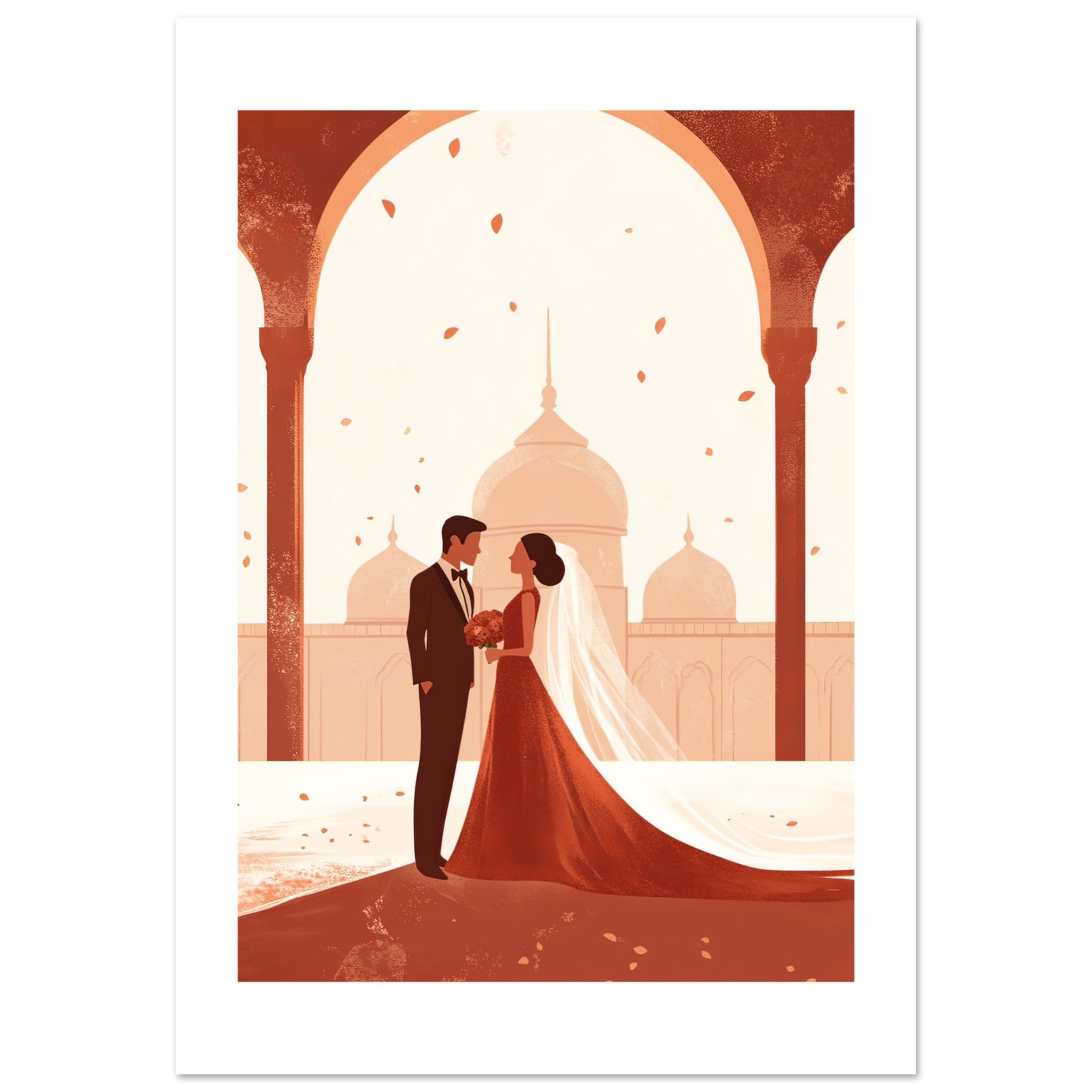An asian wedding couple infront of a mosque