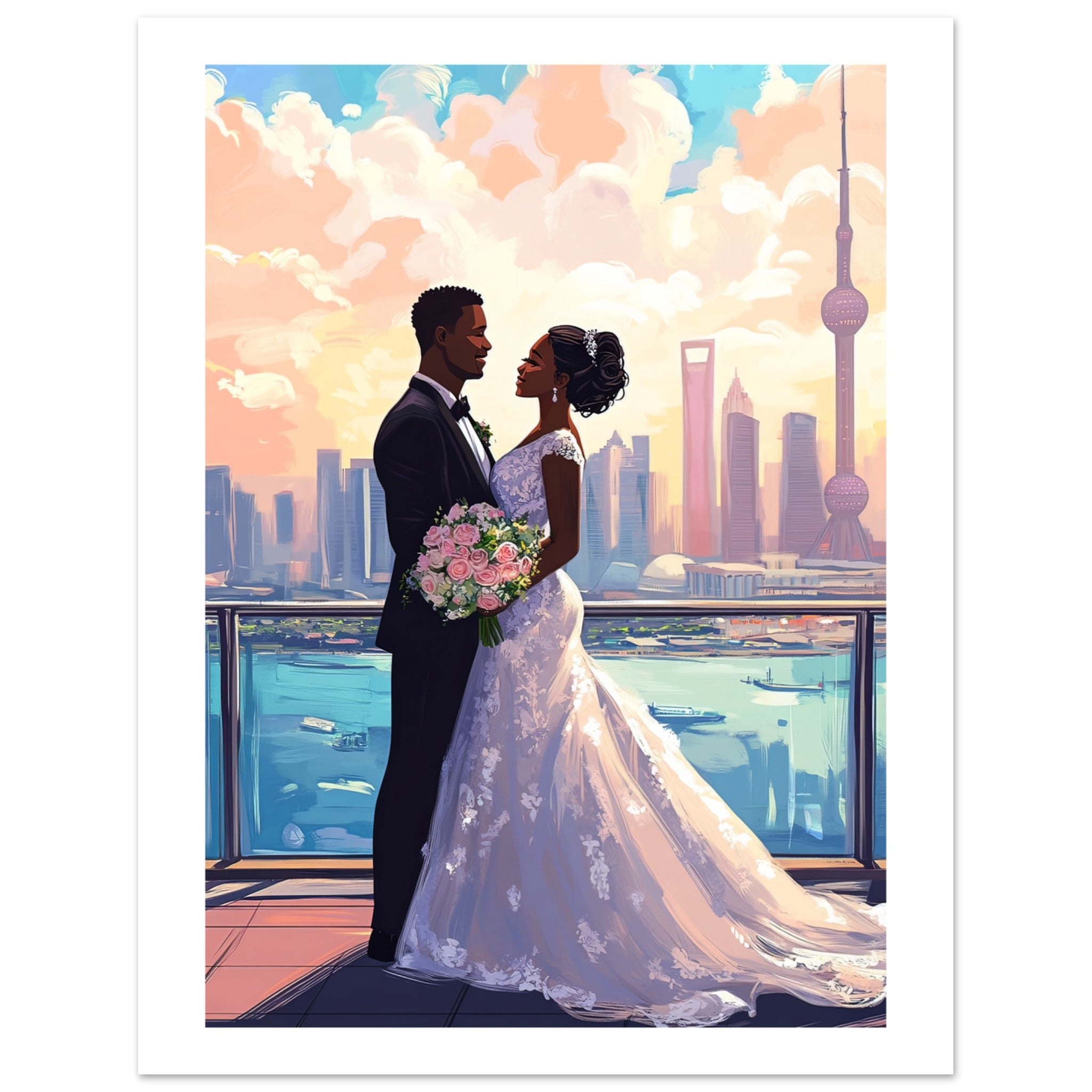 A black wedding couple infront of Shanghai