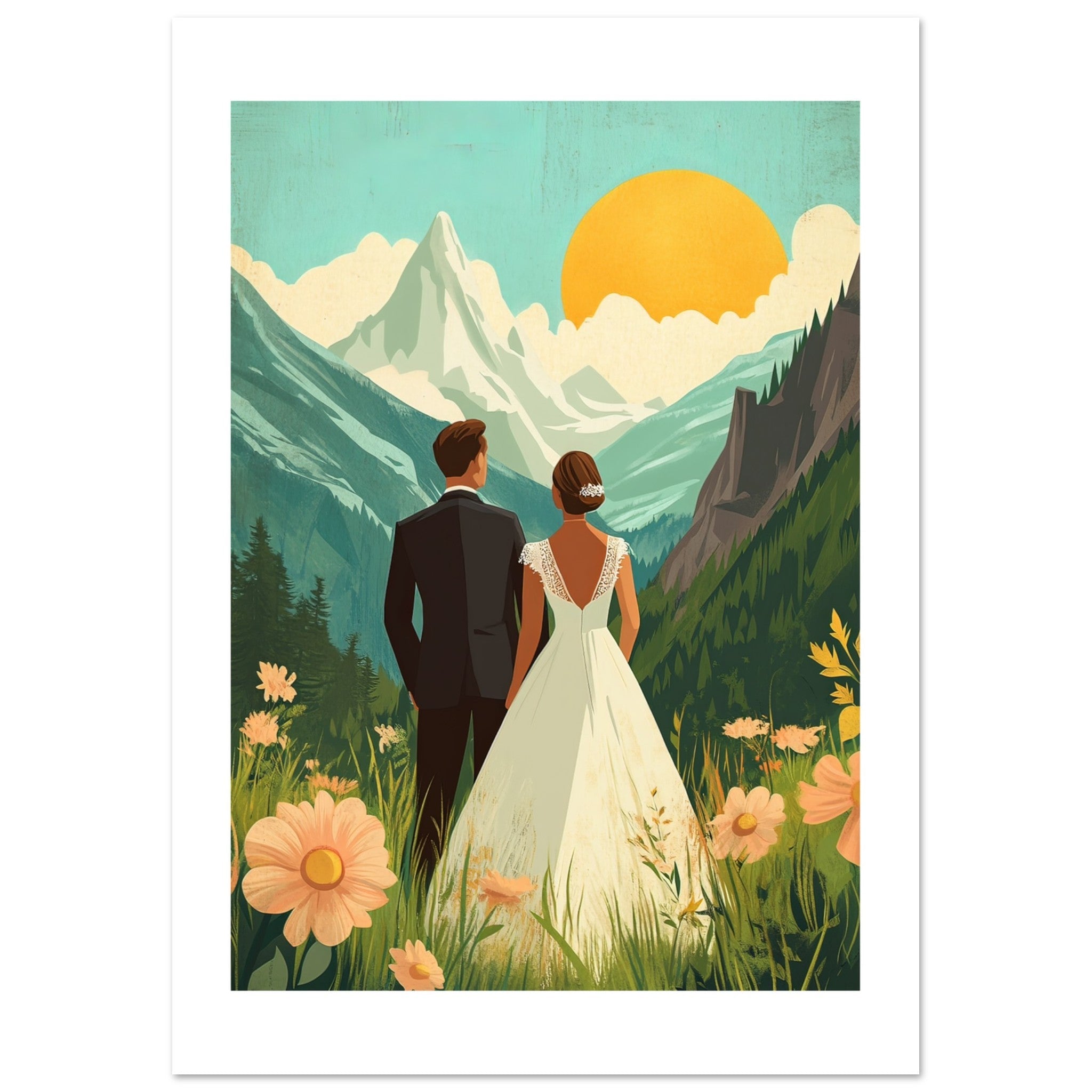 A mixed wedding couple infront of mountains