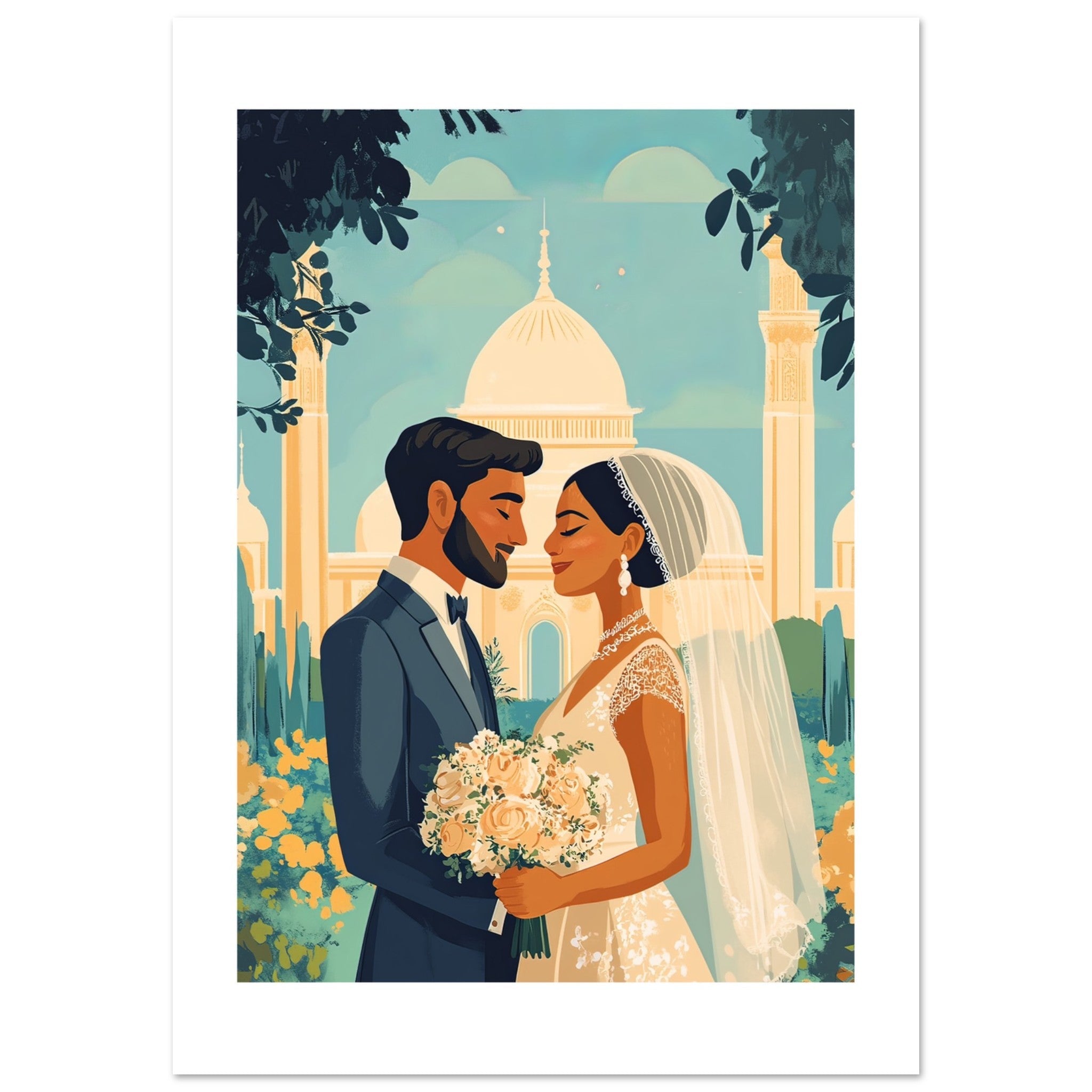 A mixed wedding couple infront of a mosque 1