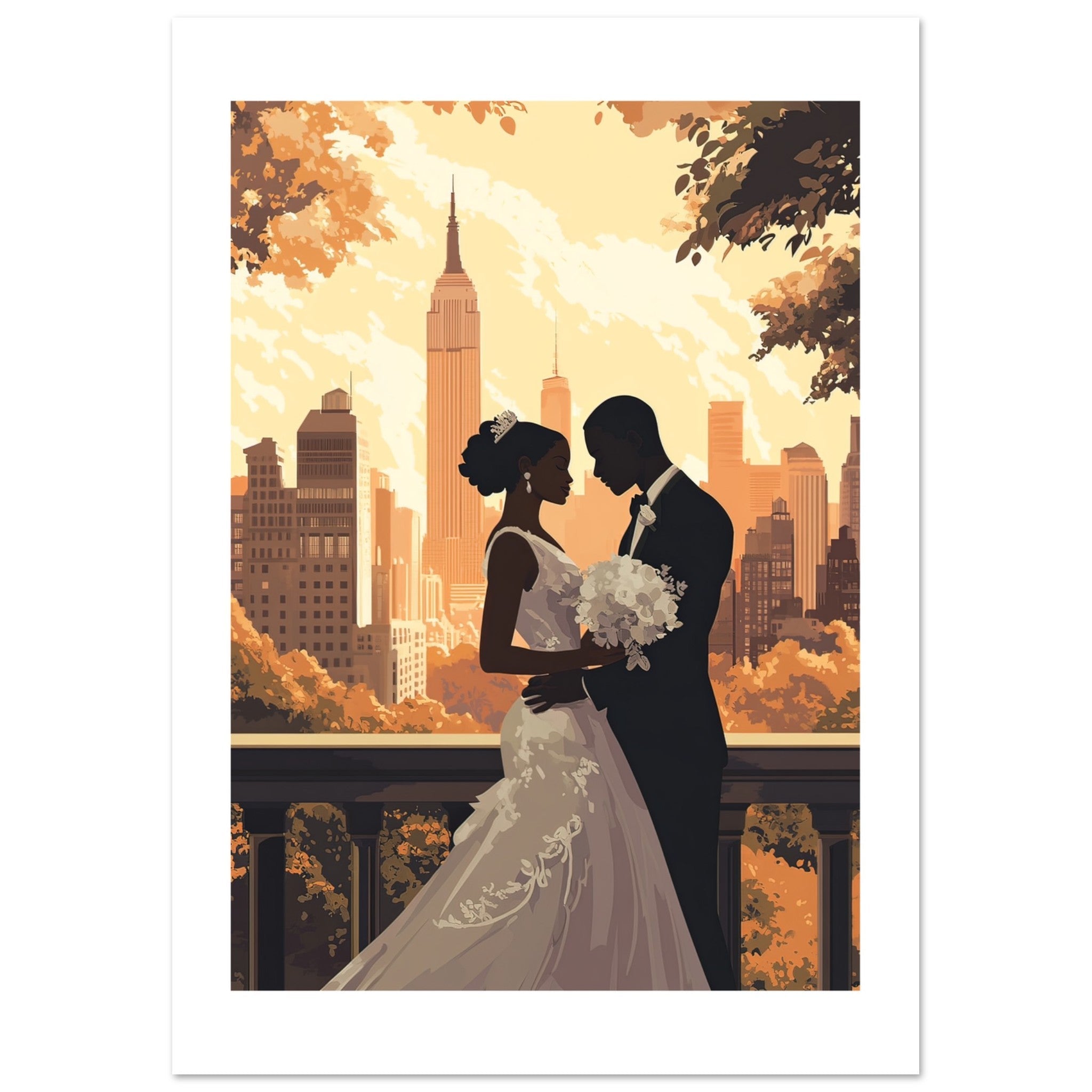 A black wedding couple infront of New York
