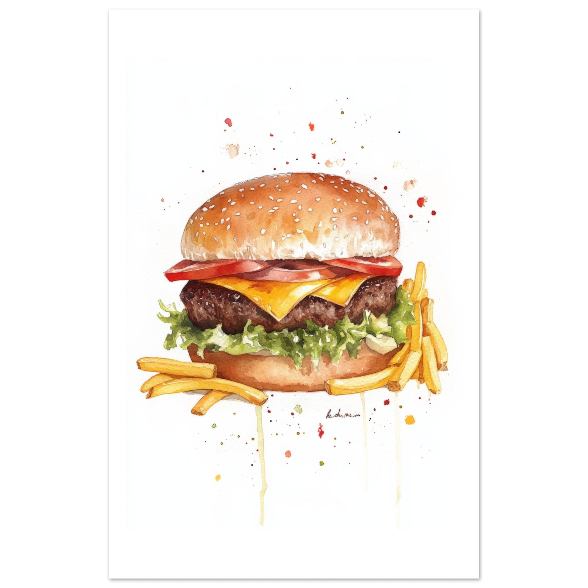 Beef Burgers With Fries Watercolor Painting Wall Art 2