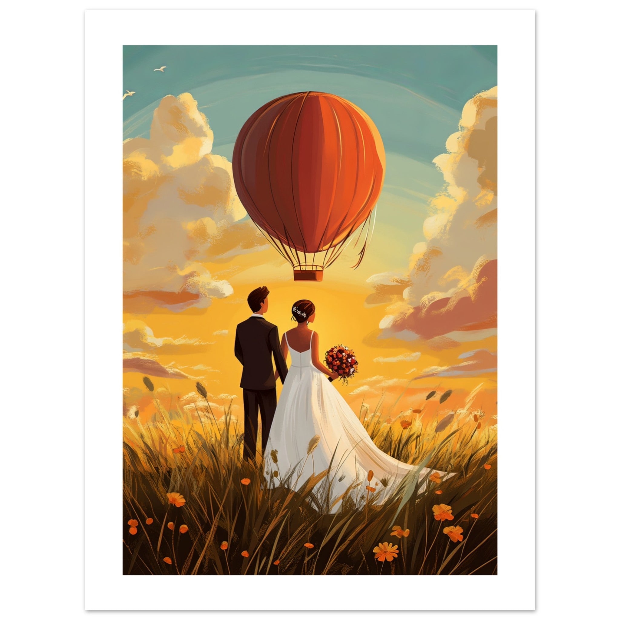 A wedding couple infront of a hot ballon