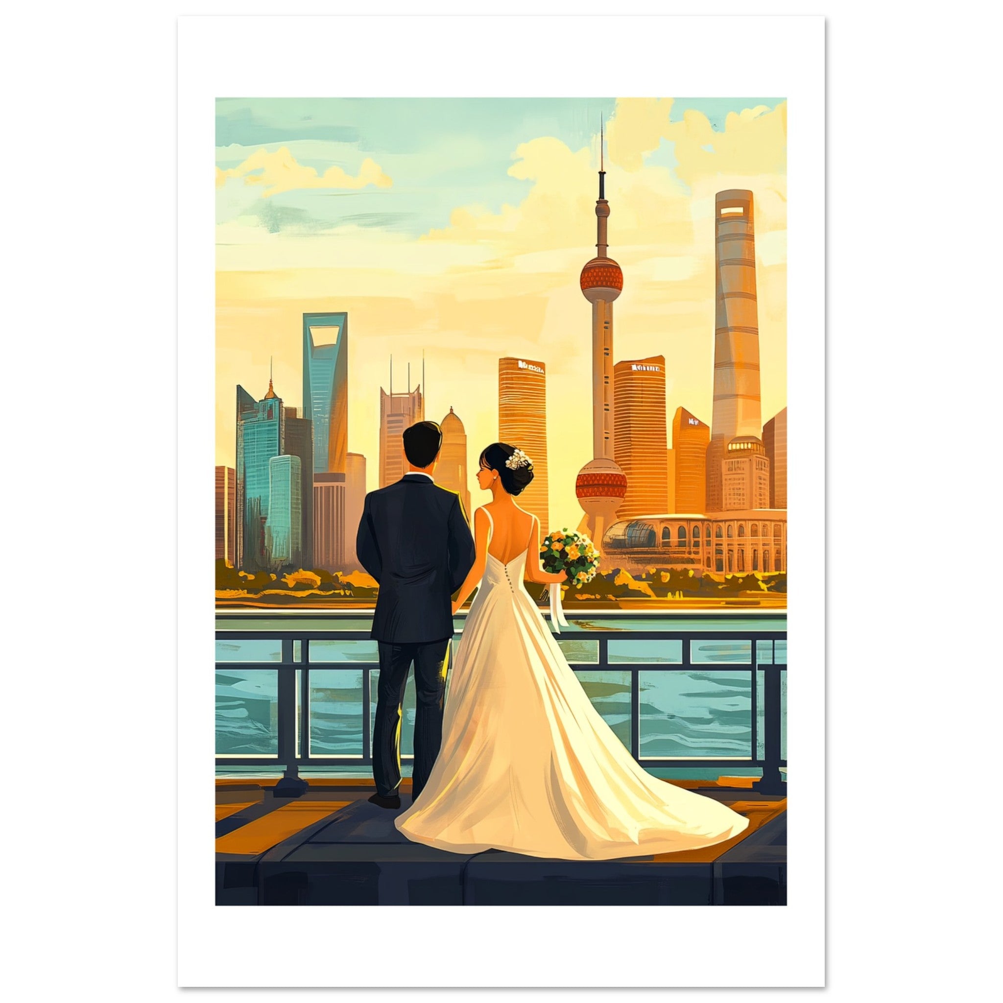 An asian wedding couple infront of Shanghai