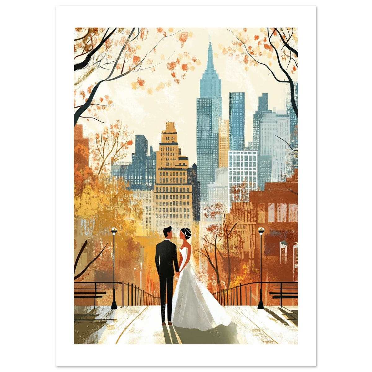 A mixed wedding couple infront of New York 1