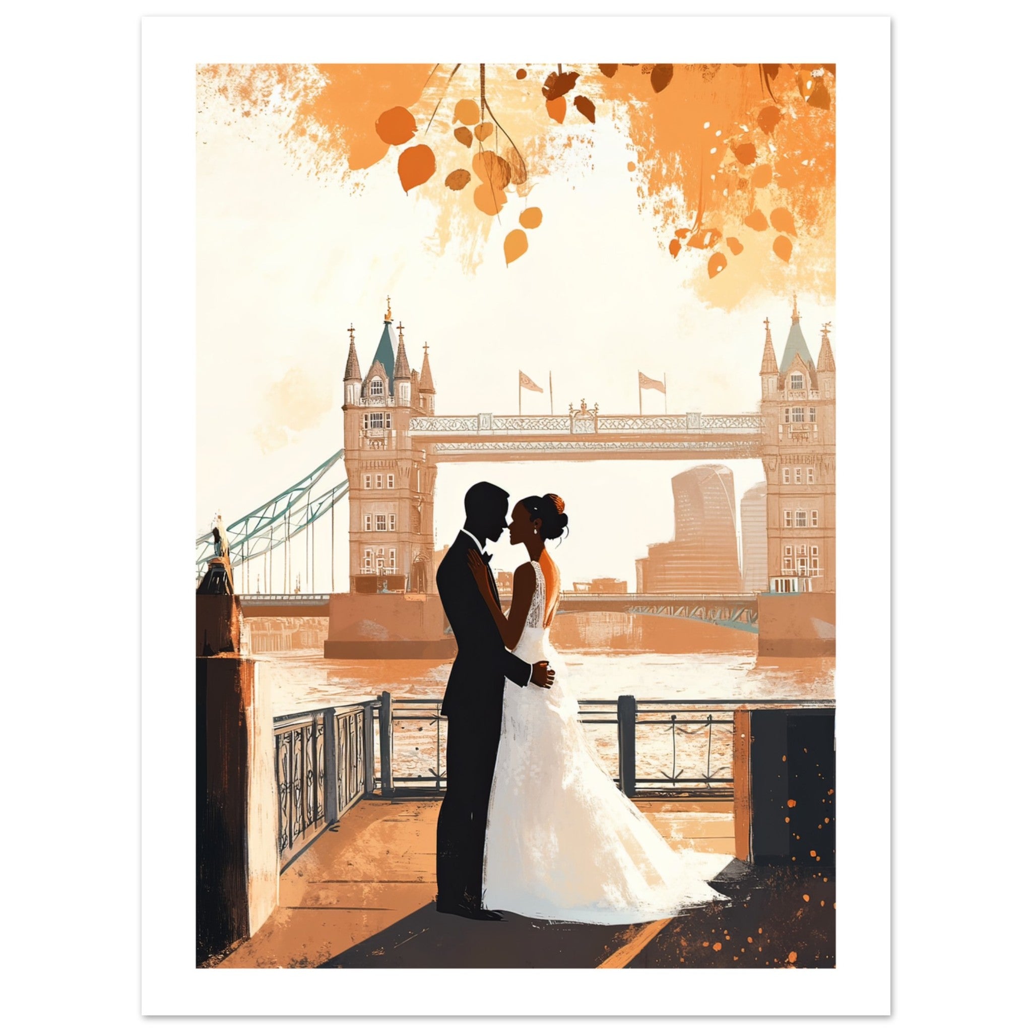 A black wedding couple infront of the London Brid