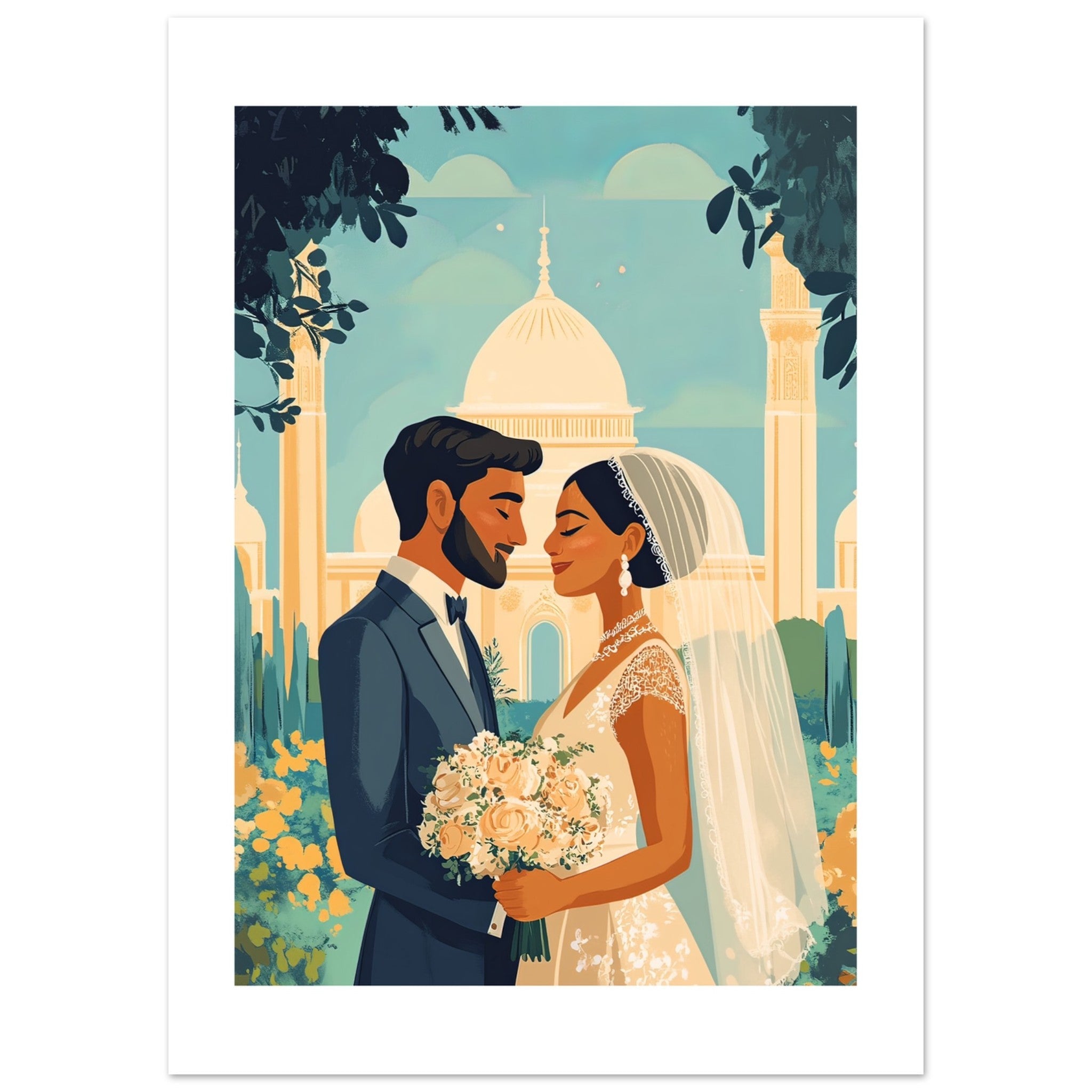A mixed wedding couple infront of a mosque 1