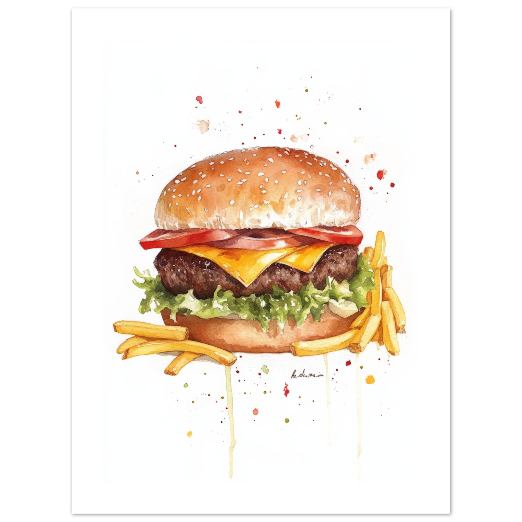 Beef Burgers With Fries Watercolor Painting Wall Art 2