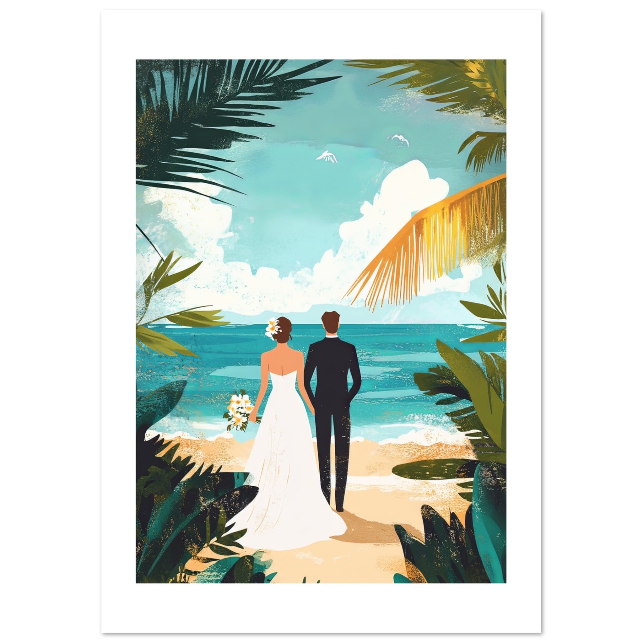 A wedding couple infront of a beach