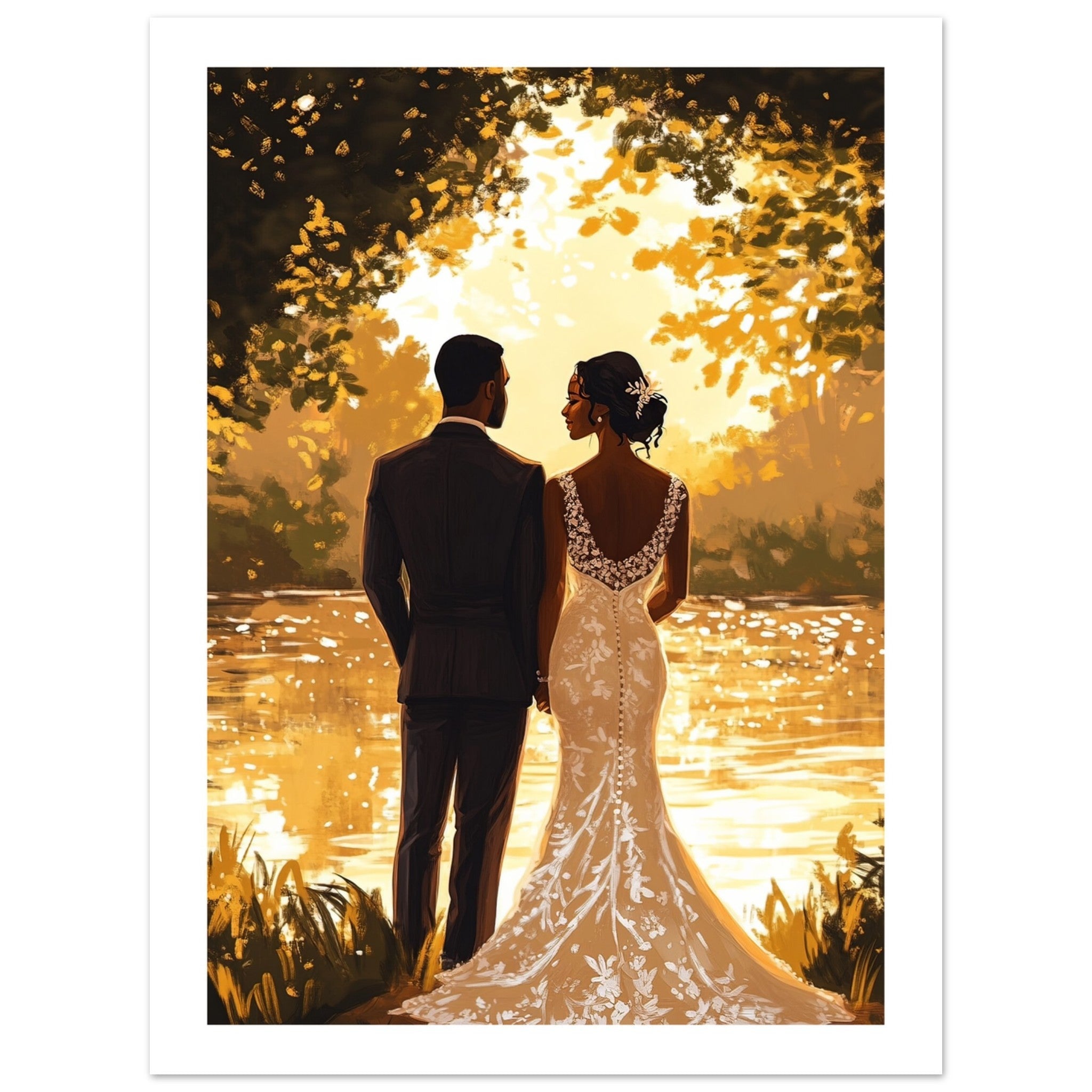 A black wedding couple infront of a lake