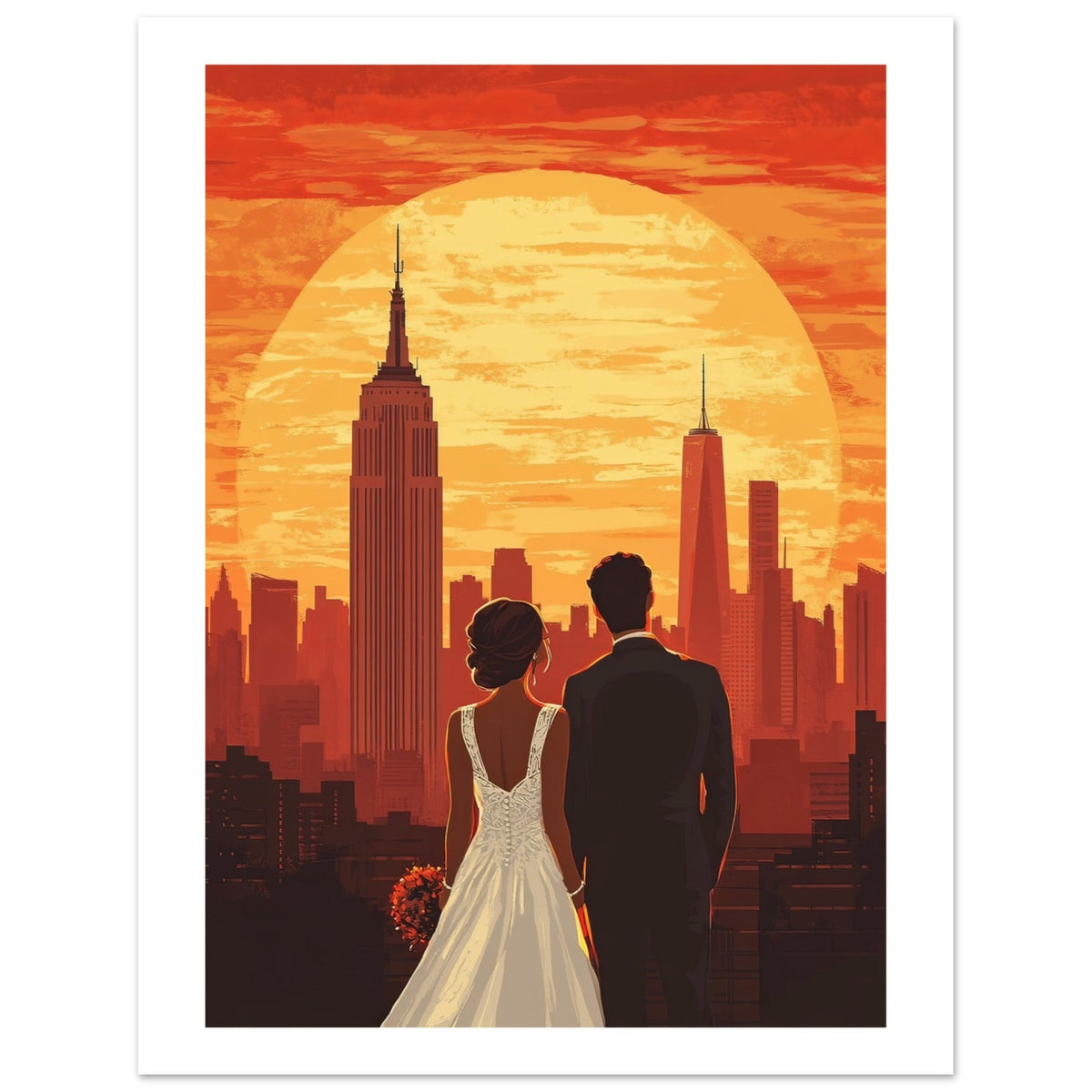 A wedding couple infront of New York 1
