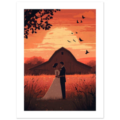 A wedding couple infront of a barn of a farm