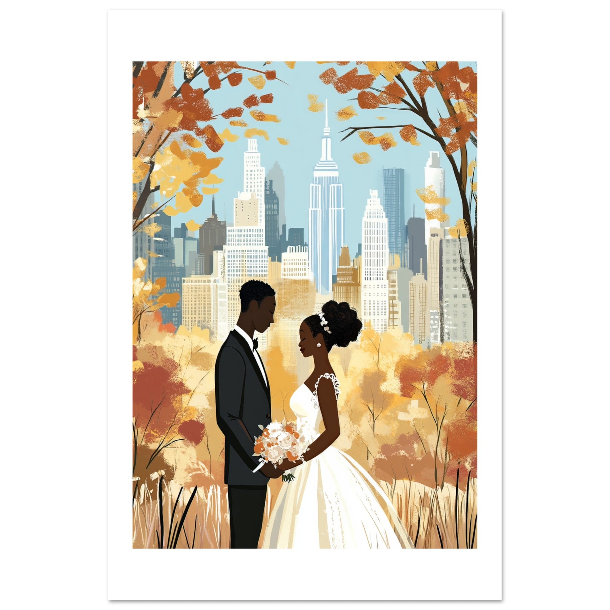 A black wedding couple infront of New York 1