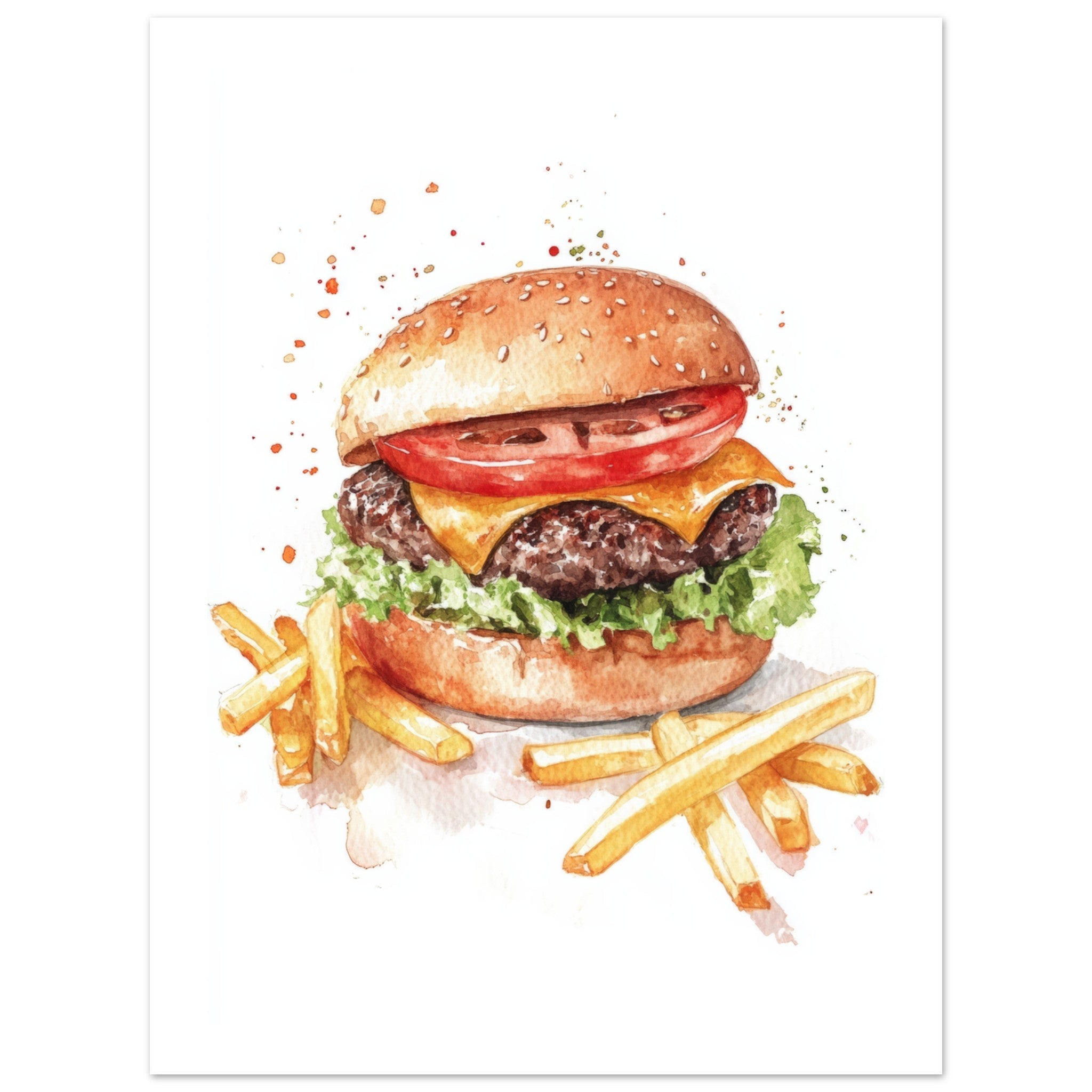 Beef Burgers With Fries Watercolor Painting Wall Art