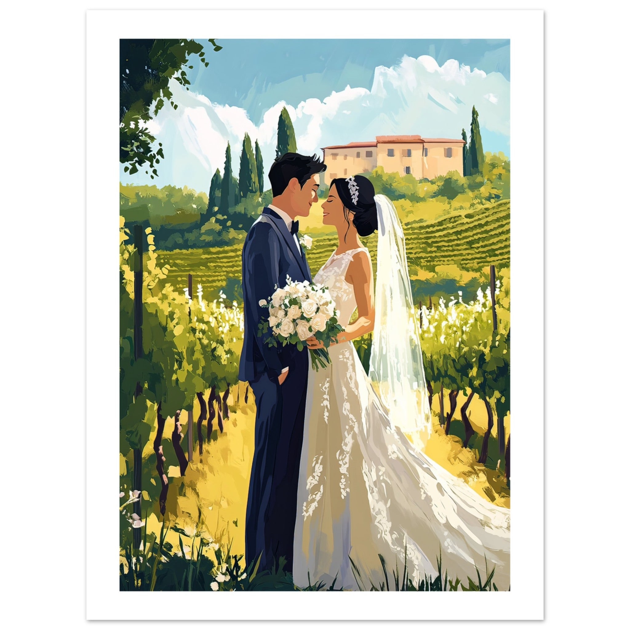 An asian wedding couple infront of a vineyard