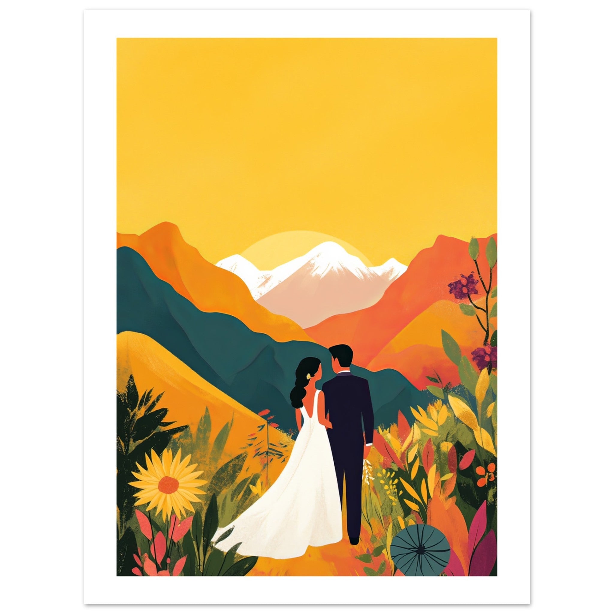 An asian wedding couple infront of mountains