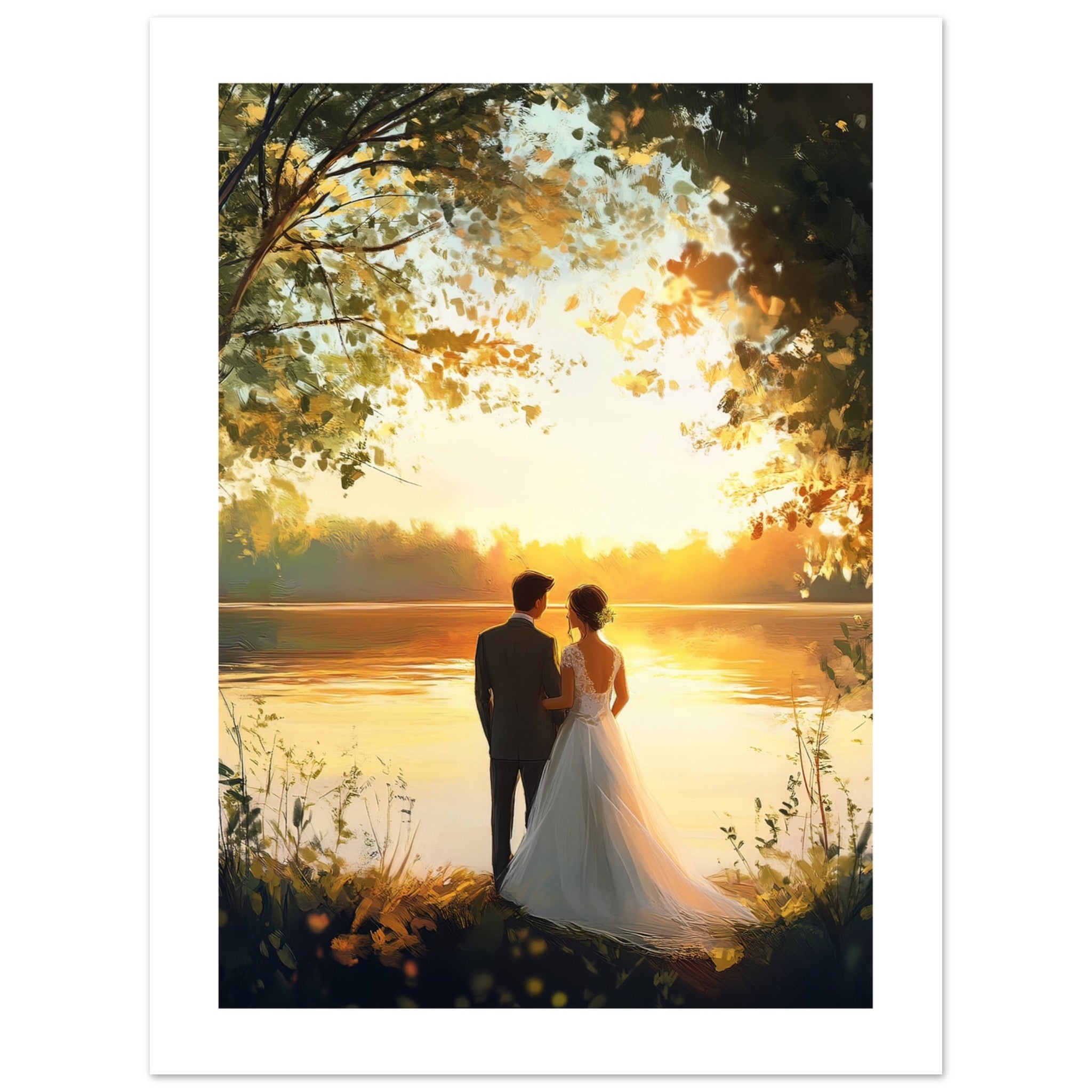 A wedding couple infront of a lake