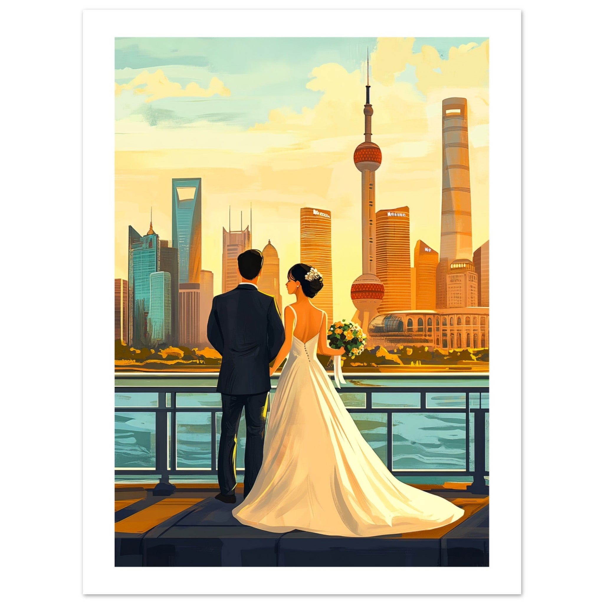 An asian wedding couple infront of Shanghai