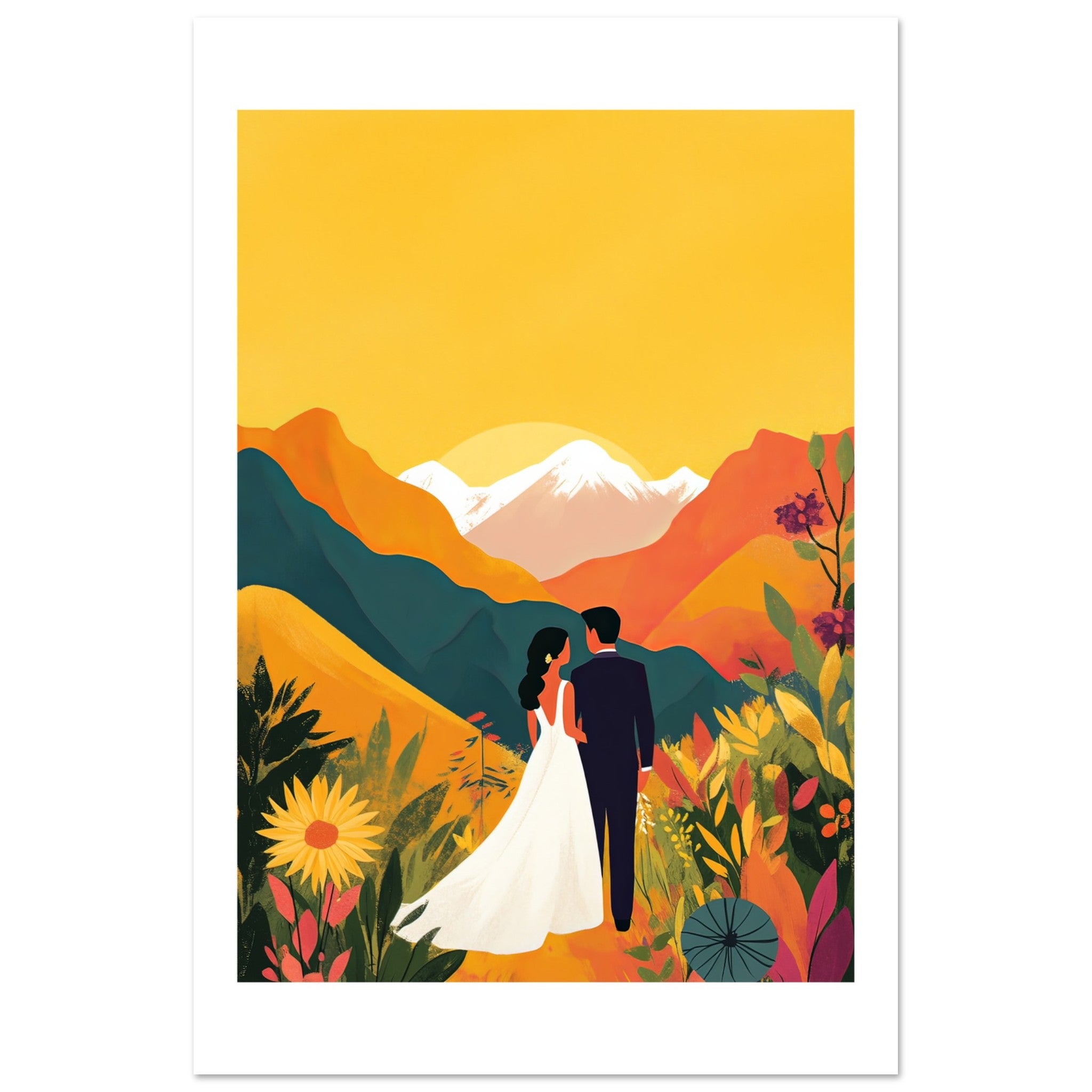 An asian wedding couple infront of mountains